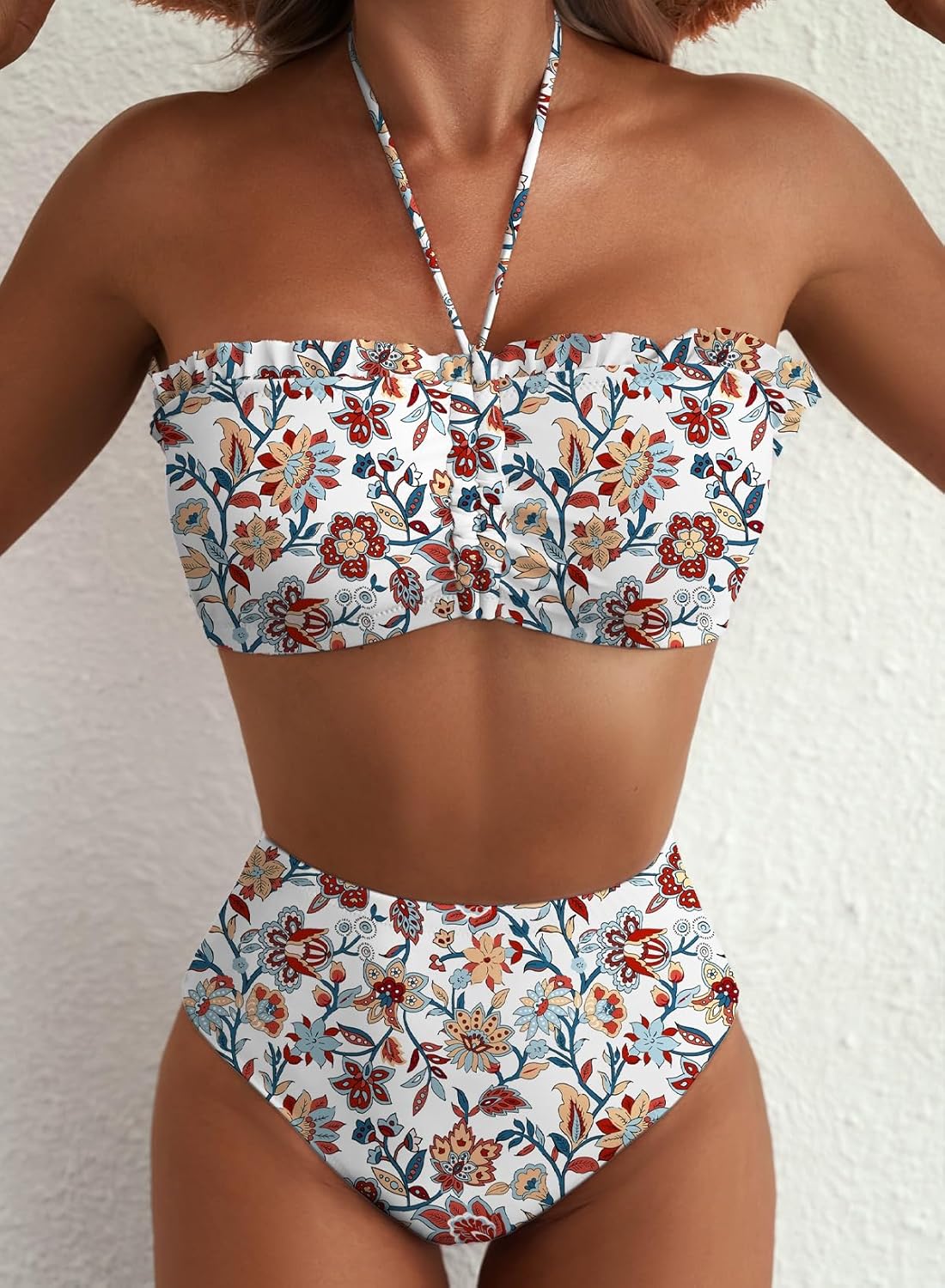 Herseas Women's Floral Print Bikini Sets Lace Up Front 2 Piece High Wasited Swimsuits Ruched Ruffle Trim Bathing Suit - Image 5