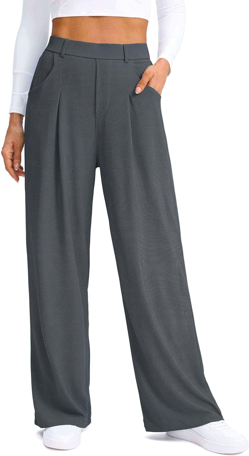 SANTINY Wide Leg Pants Woman Elastic High Waisted Waffle Knit Slacks Business Casual Work Pants Pleated Trousers with Pockets