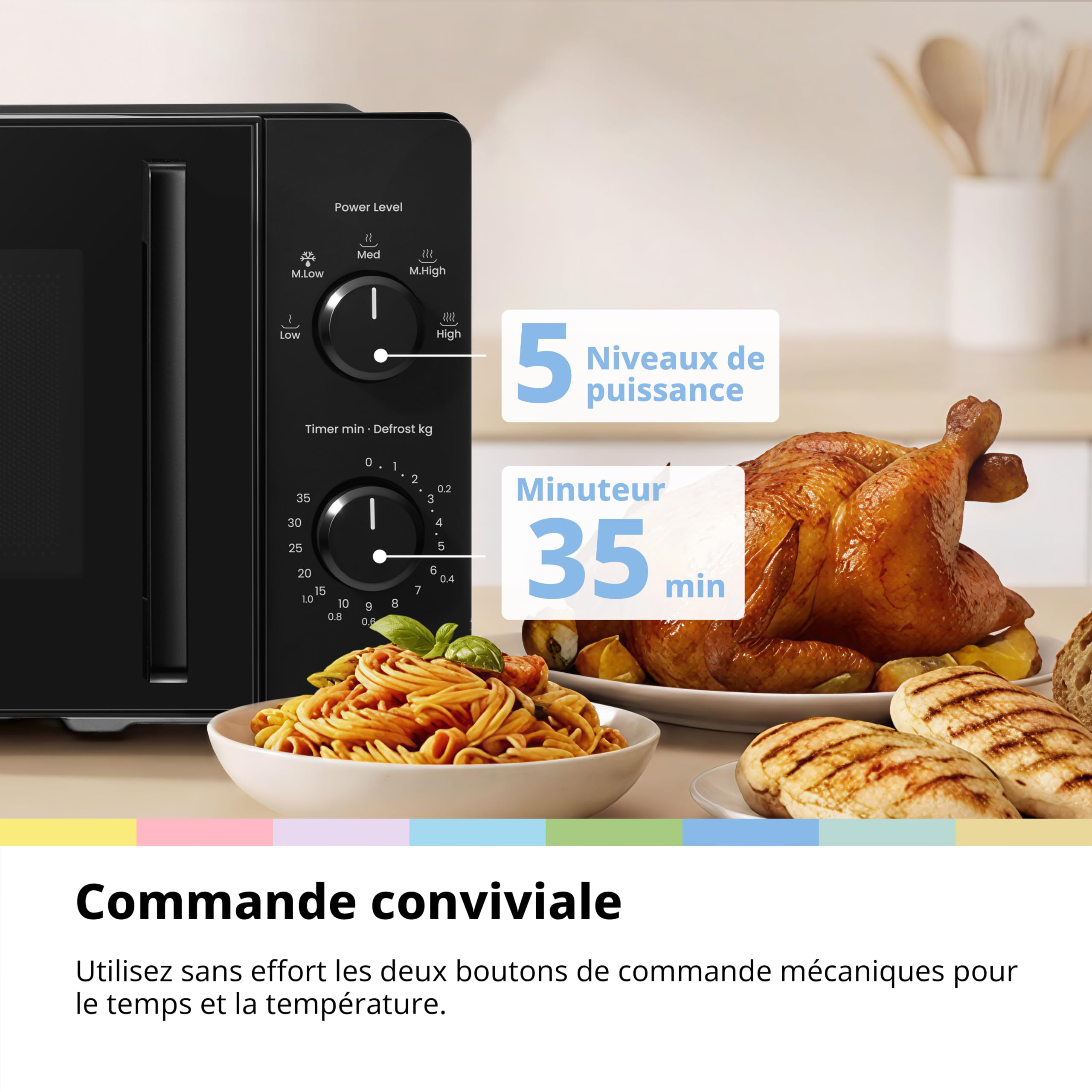 Comfee Four à micro-ondes compact 20 L CMO-MM20L2NFPE(BK), 700 W, Commandes manuelles par boutons rotatifs, 5 niveaux de puissance, Décongélation rapide, Grande fenêtre de visualisation, Noir