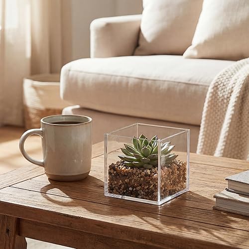 Miniatura 5 de Kingrol Juego de 4 jarrones de acrílico transparente, jarrón cuadrado de 4 x 4 x 4 pulgadas, recipientes florales de plástico de cristal