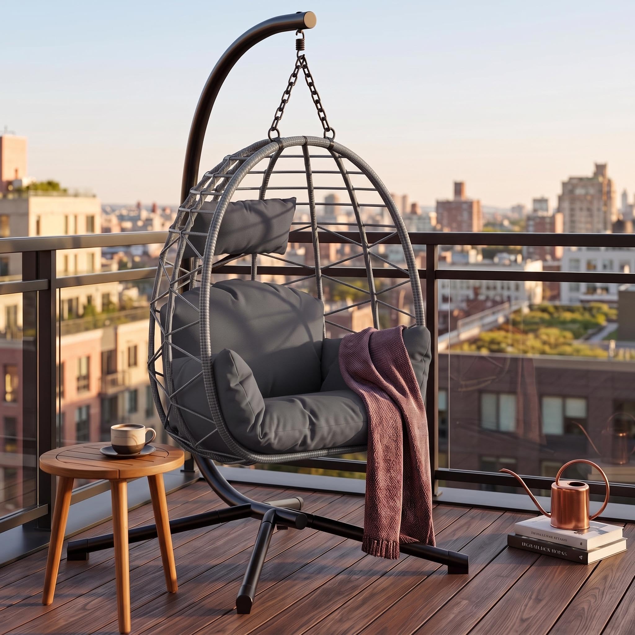 IDEALHOUSE Ei-Hängesessel grau aus Polyrattan mit Stahlrahmen – faltbar, wetterbeständig, bis 150 kg, inkl. schwarzer Schutzhülle – für Garten, Balkon, Terrasse & Indoor