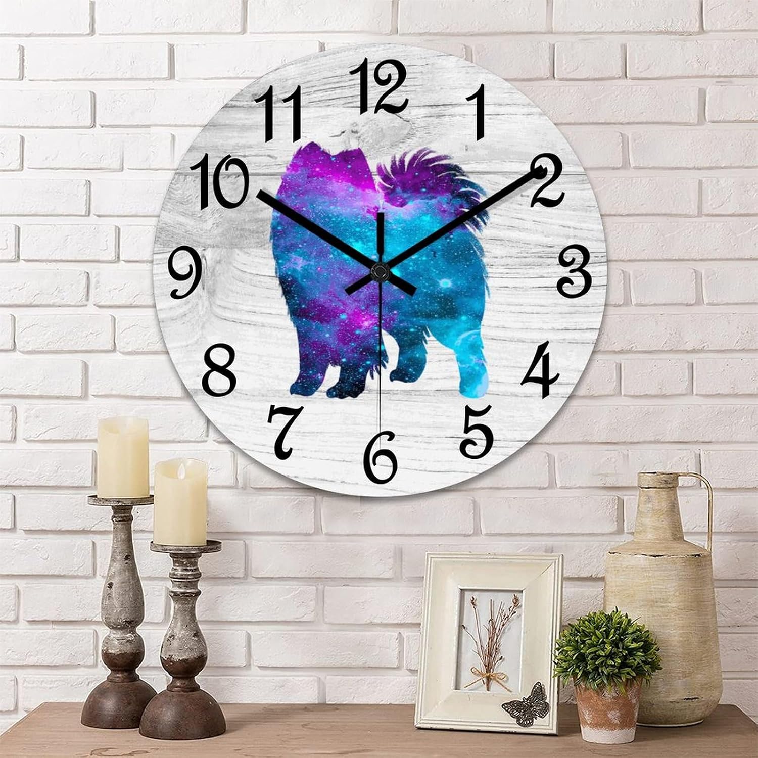 Samoyed Round Wall Clock Dog Lover Clock Wall Art Wood Clock Silent Non-Ticking Decorative Wall Clock for Living Room Bedroom Kitchen 15"