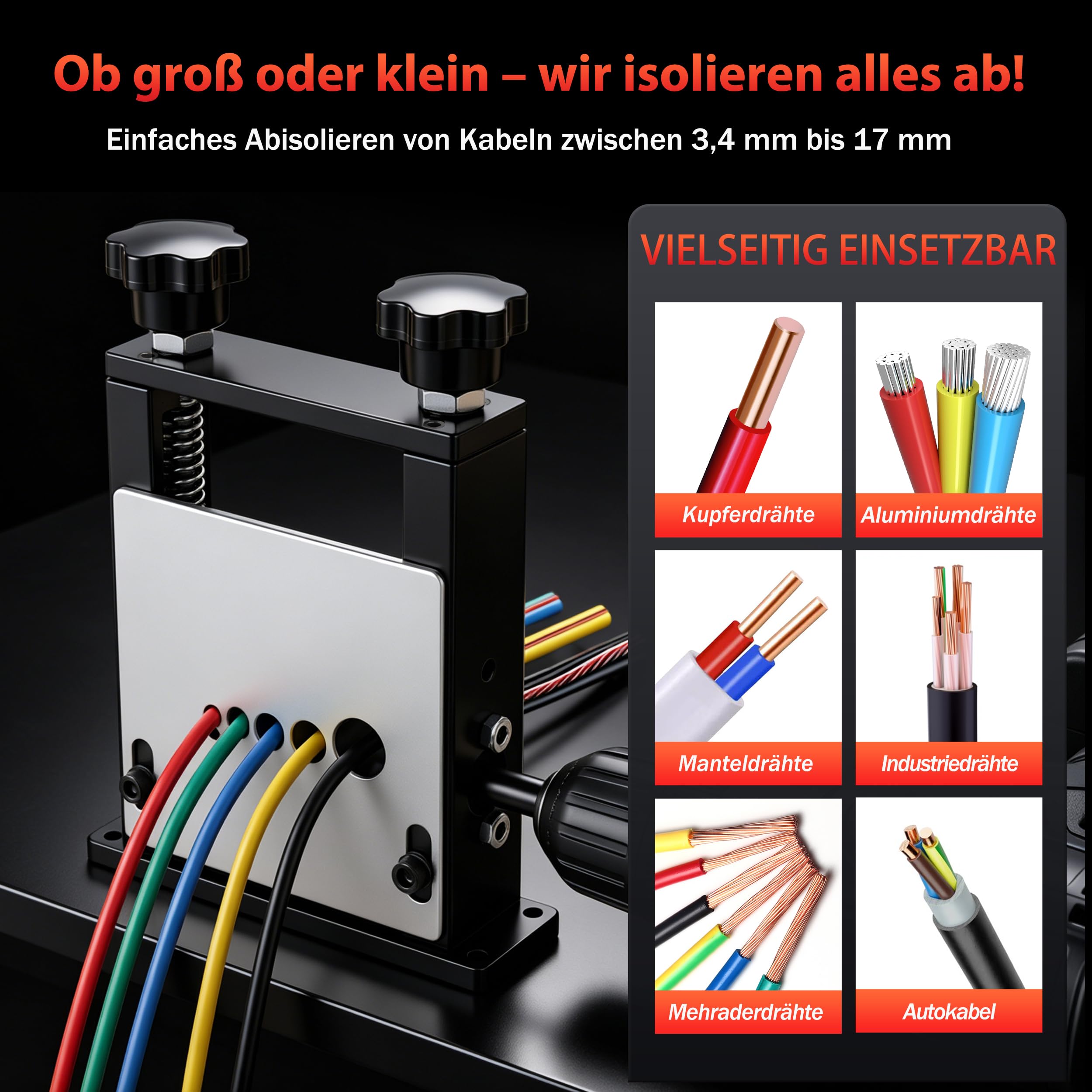 Kabelschälmaschine Kabelabisolierer für Handkurbel oder Bohrmaschine 3-17 mm 6 Kanäle Kupferschrott Recycling Schwarz