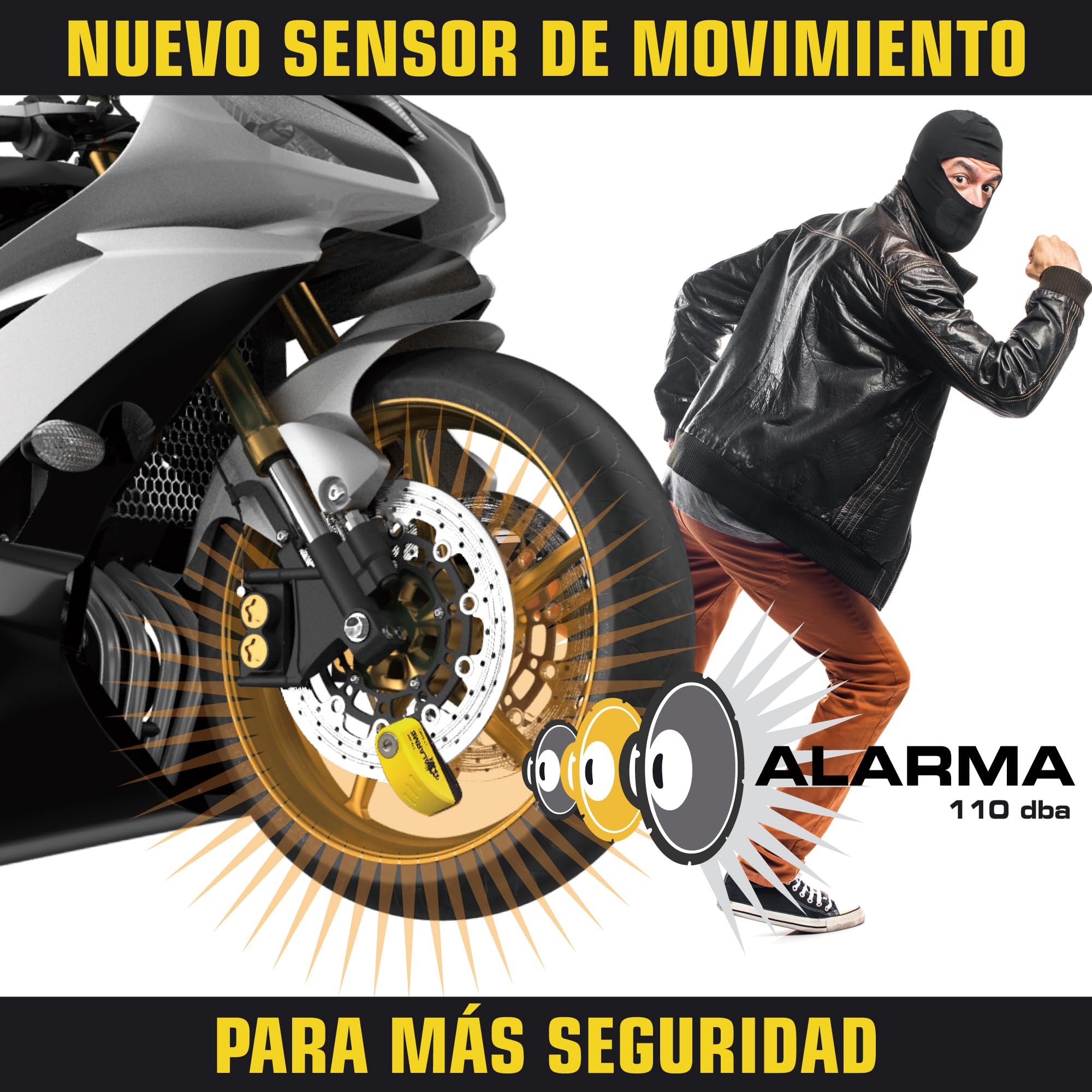 FR Sécurité FR7Y Candado Moto Disco con Alarma 110 DB, Antirrobo Moto Freno 7mm con Accesorios 1.5m Cable Recordatorio y Candado Bolsa, Pinza Moto Antirrobo para Motocicletas Bicicleta