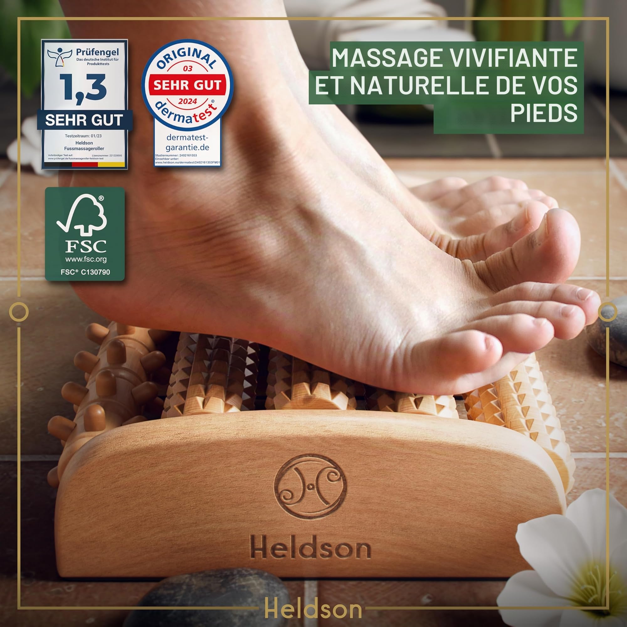 HELDSON® Rouleau de Massage en Bois • Appareil de Massage des Pieds • Drainage Lymphatique & Solution de Relaxation Manuel • Thérapie Reflexologie Plantaire