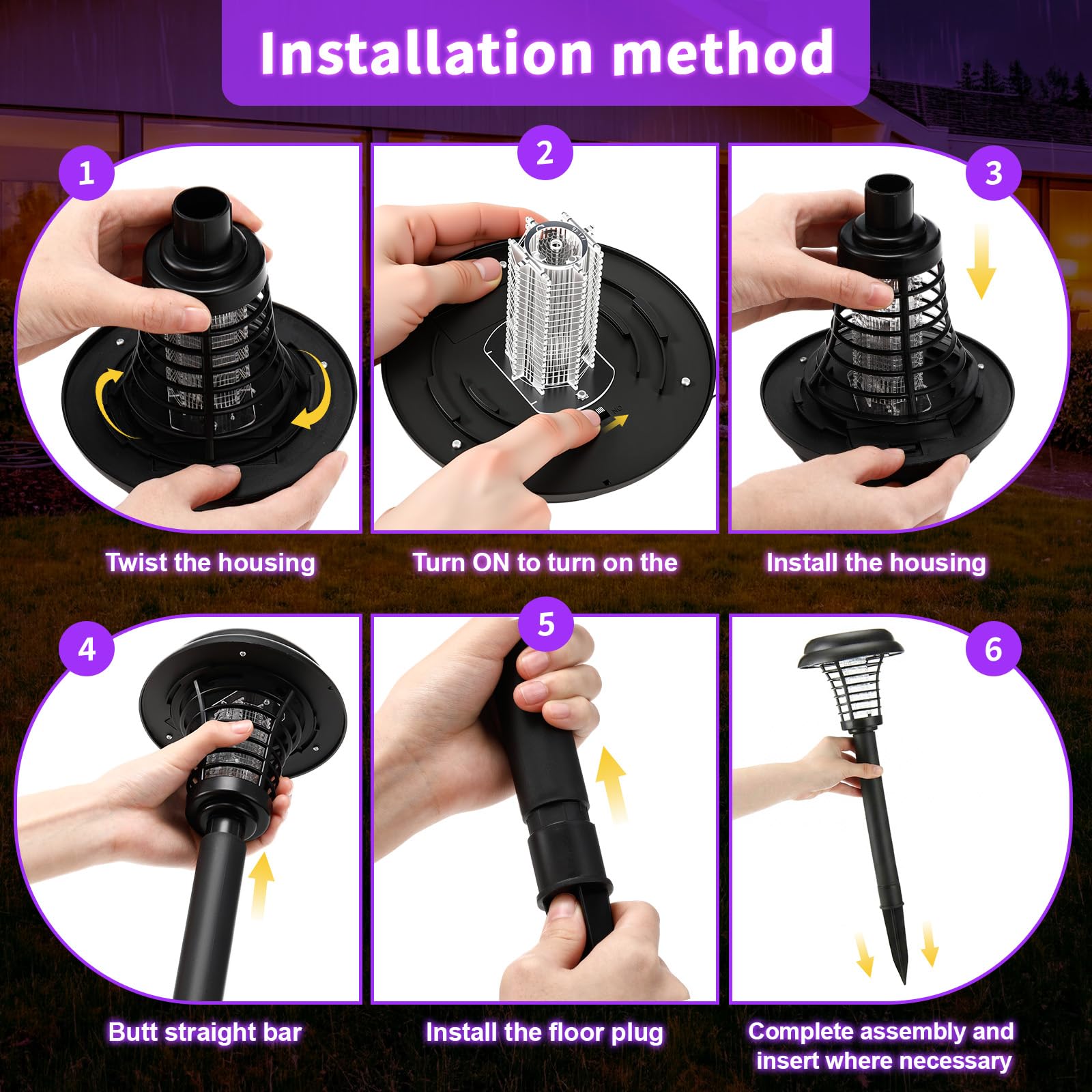 4 lampade a energia solare anti-insetti per esterni, impermeabili, repellenti per zanzare, luce solare per tarme, mosche, piccoli insetti volanti, cortile, giardino, prato (plastica, viola e luce