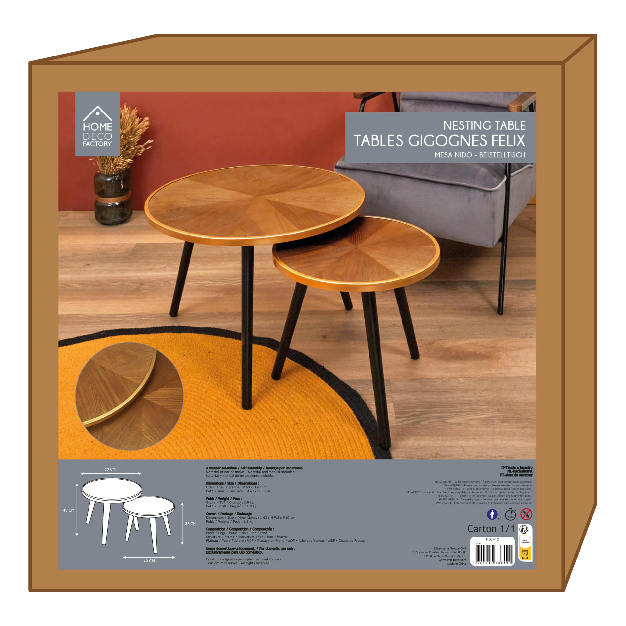 HOME DECO FACTORY - HD7412 Mesas Nido Felix x2 - Mobiliario Moderno - Mesa Auxiliar de Pino - Dimensiones Pequeña L40xP40xH33 cm - Grande L60xP60xH40 cm - Color Marrón