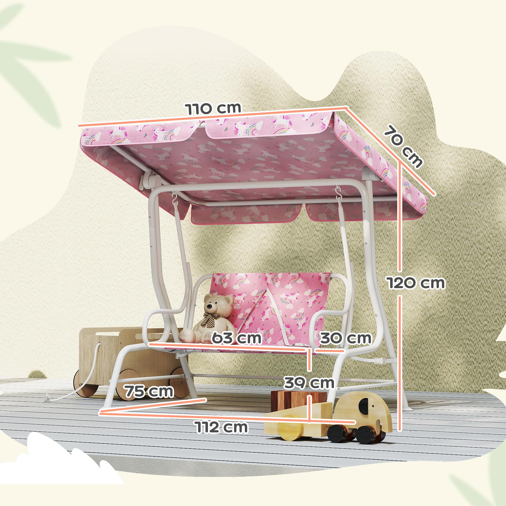 AIYAPLAY Columpio de Jardín Exterior para Niños de 2 Plazas, Balancín de Jardín, Toldo Ajustable, con Cinturones de Seguridad, Diseño de Unicornio y Arcoíris, para Interior, Patio, 112x75x120 cm, Rosa