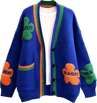 Womens Floral Flocking Knit Cardigan V-Neck Long Sleeve Open Front Sweater Casual Loose Knitwear Coat Top