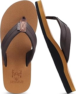 KuaiLu Flip Flops Mens Leather Arch Support Flat Summer Wide Fit Beach Sandals Non Slip Cushioned Yoga Foam Pool Shower Thongs