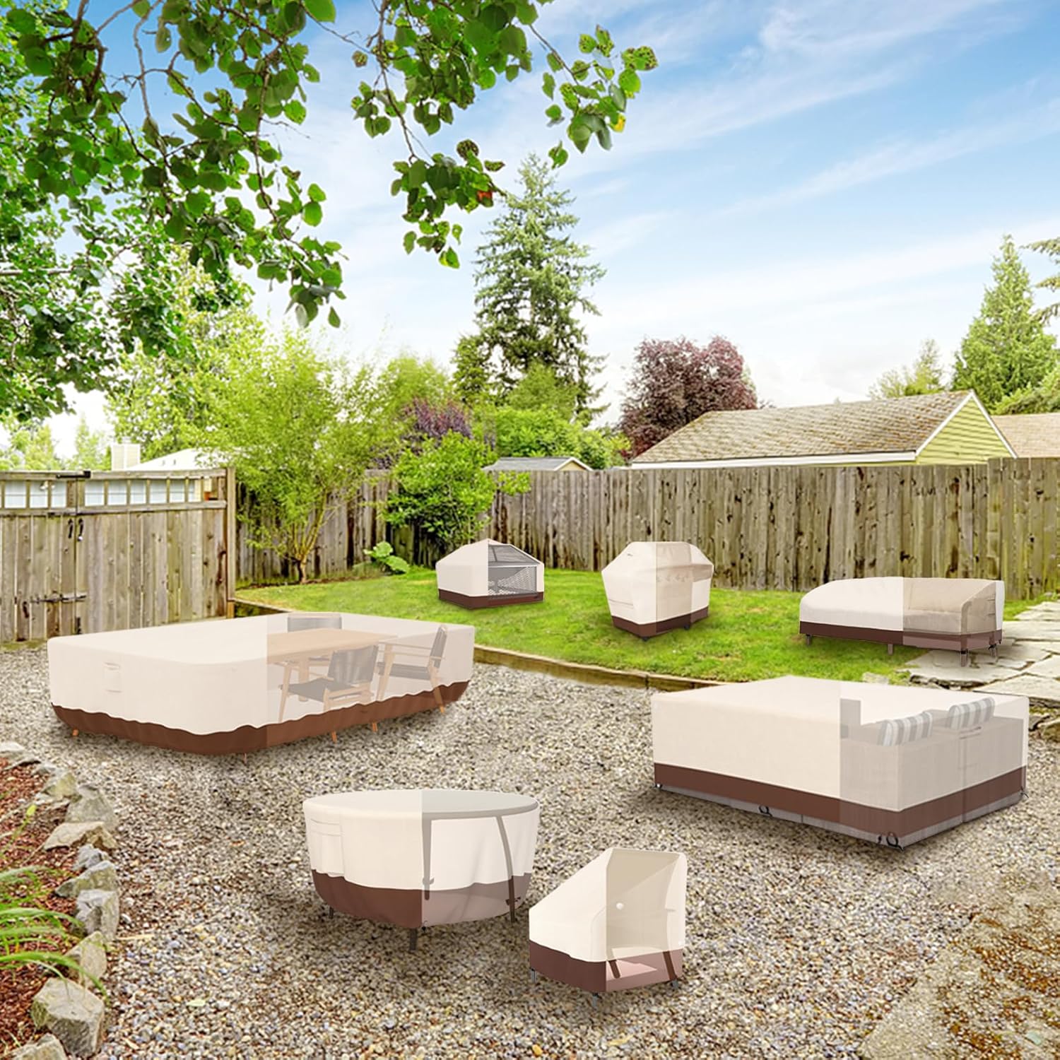 Patio Furniture Covers, Heavy Duty Round Patio Table Cover (48D x 26H Inch) Outdoor Dining & Coffee Table Cover for Veranda, Lawn, Table, Chair-Waterproof & Weather Resistant, Anti UV - Beige & Brown - Image 7