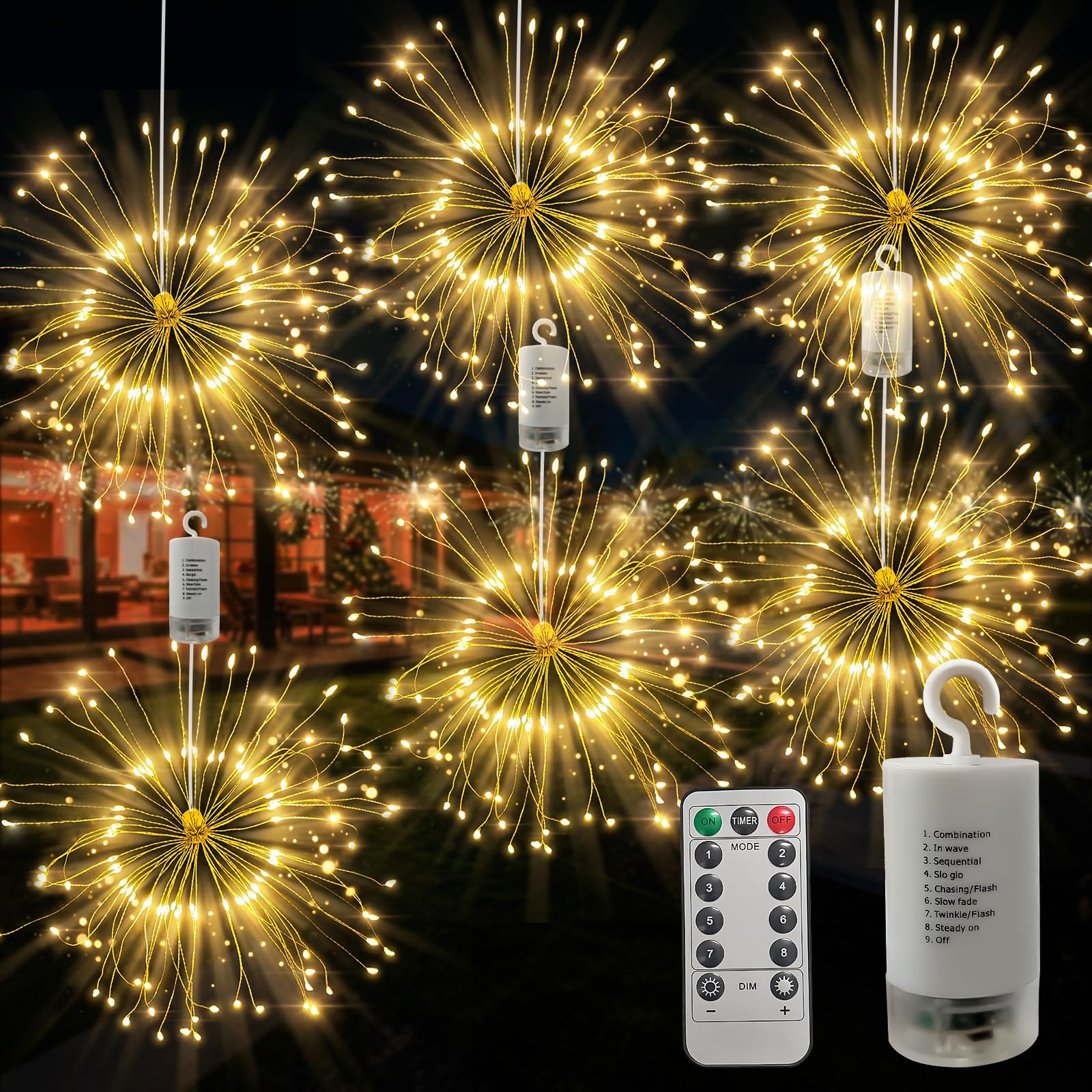 FOOING Feuerwerks Lichterkette LED 120 LEDs, Hängende Lichter mit Batterie und 8 Modi, Dekolichter für Weihnachten, Party, Hochzeit, Fenster, Garten & Außenbereich