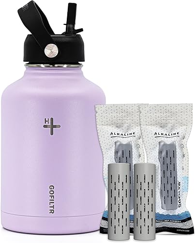 GOFILTR Botella de agua alcalina de 50 onzas con tapa de popote + dos infusores de agua alcalina de 9.5 ph  botella de agua aislada deportiva  crea