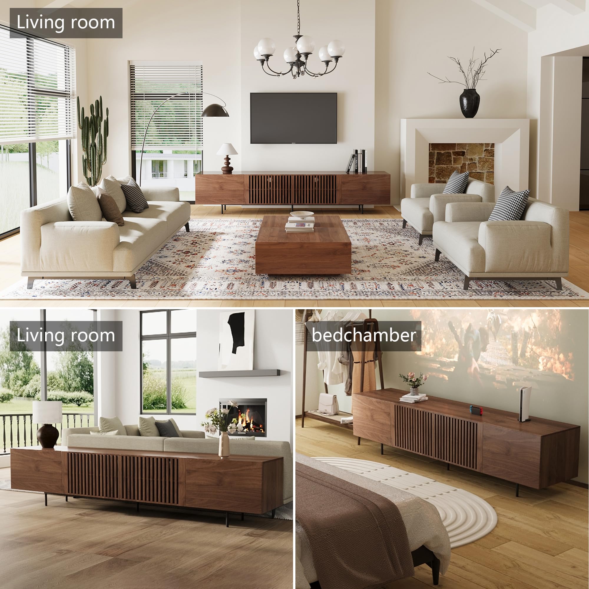 TV-Schrank 240 cm, TV Lowboard für 85 Zoll TVs, Walnuss | 240 cm Breite, Für Fernseher bis 85 Zoll, 6 Staufächer, Walnussoptik, Lamellentüren aus Eschenholz, Pflegeleichte Oberfläche