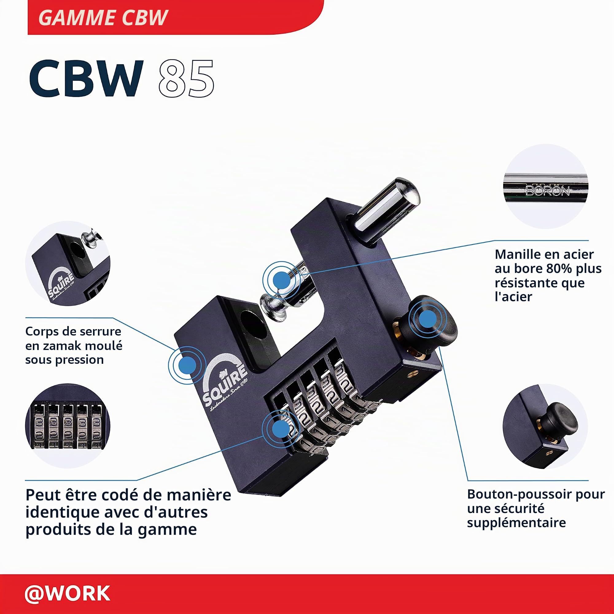 Squire Cadenas robuste (CBW85) - Anse rotative la plus robuste - Cadenas à combinaison à 5 roues - Alliage d'acier résistant à la corrosion - Serrure résistante aux intempéries