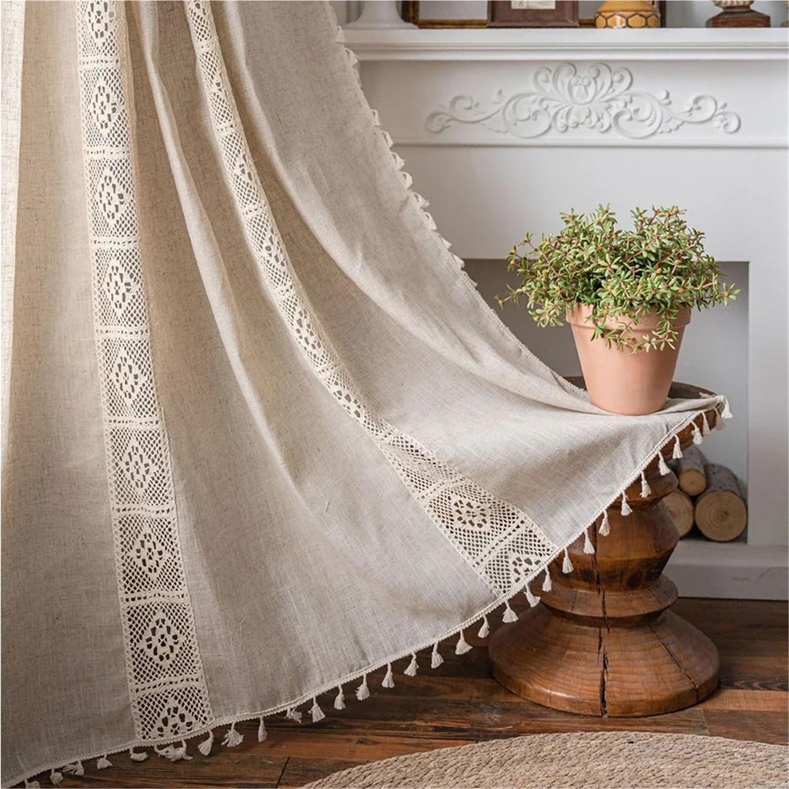 Leinenmischung Jute Spitzenvorhänge Quaste for Küche Schlafzimmer Wohnzimmer Fenster Schrank Vorhang(A,Rod Pocket_W150XH140CM)