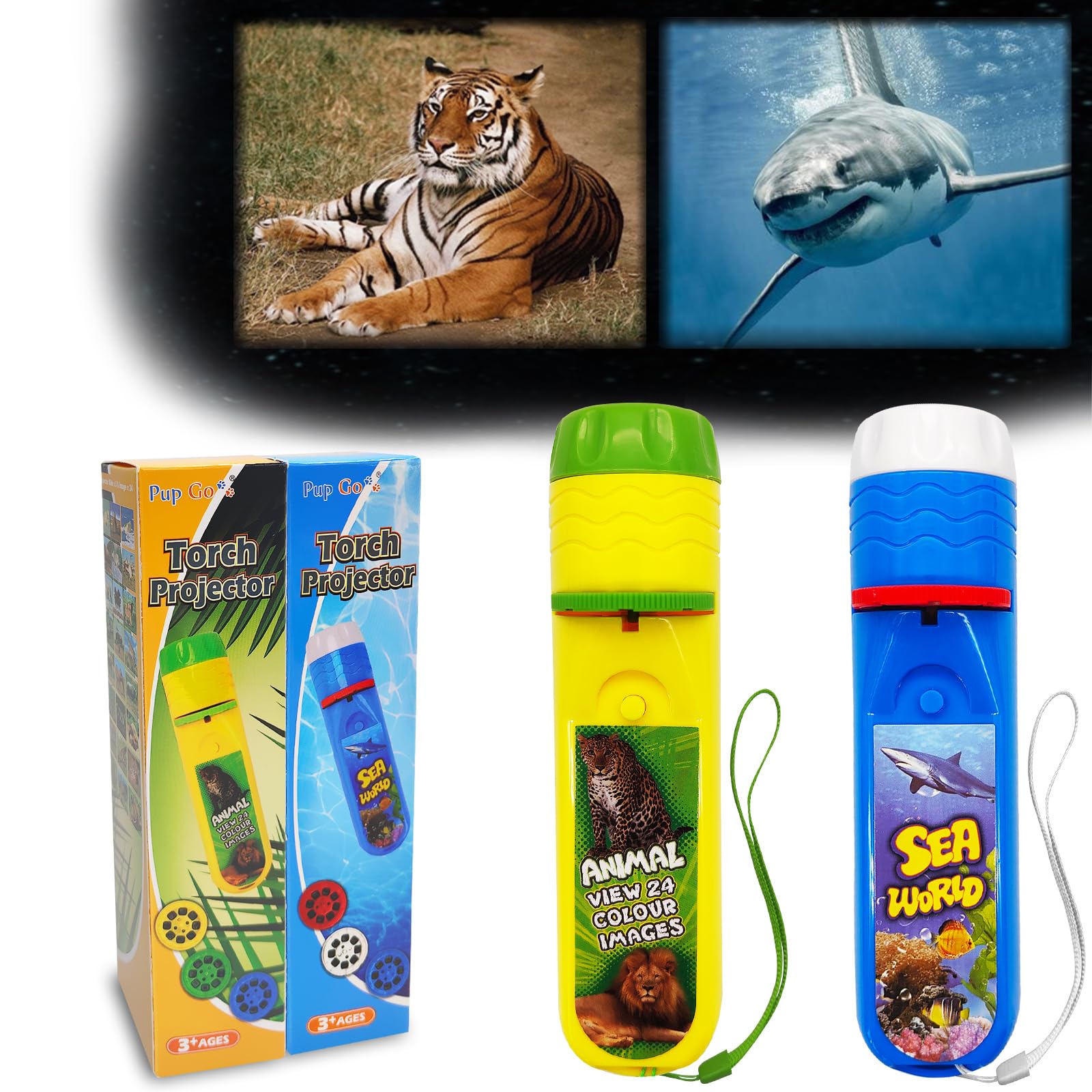 Pup Go 2er-Pack Wildtiere & Seaworld Taschenlampe mit Projektor, 6 Disks und 48 Bildern, Ideale Spielzeuge für Jungen, Coole Pädagogische Wissenschafts-Kits für Kinder von 3 4 5 6 7 Jahren