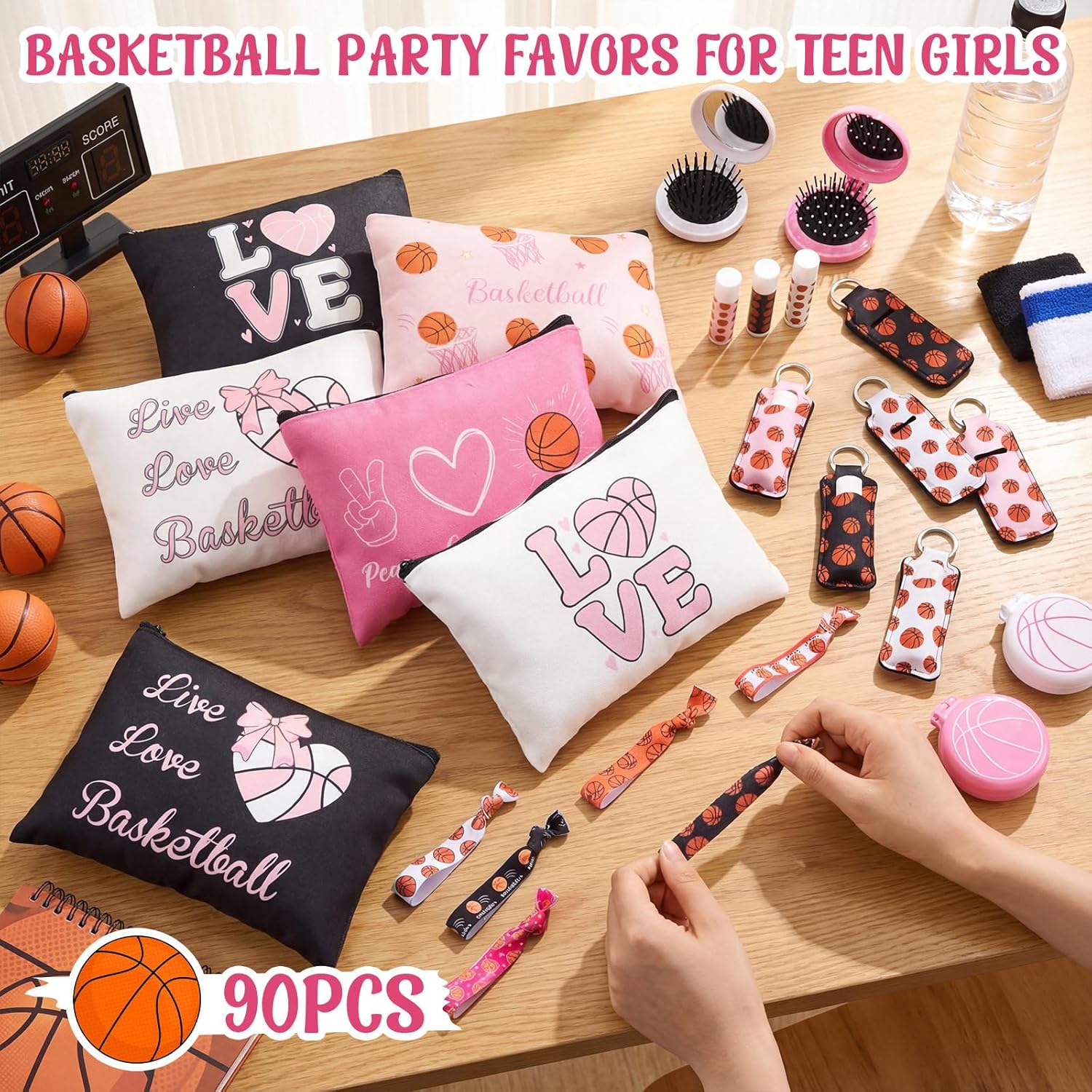 90 Pcs Basketball Gifts Basketball Party Favors for Team Include 18 Cosmetic Bag 18 Folding Hair Brush with Mirror 18 Hair Scrunchies 18 Lip Balm 18 Lipstick Holder Keychain (Pink,Cute)