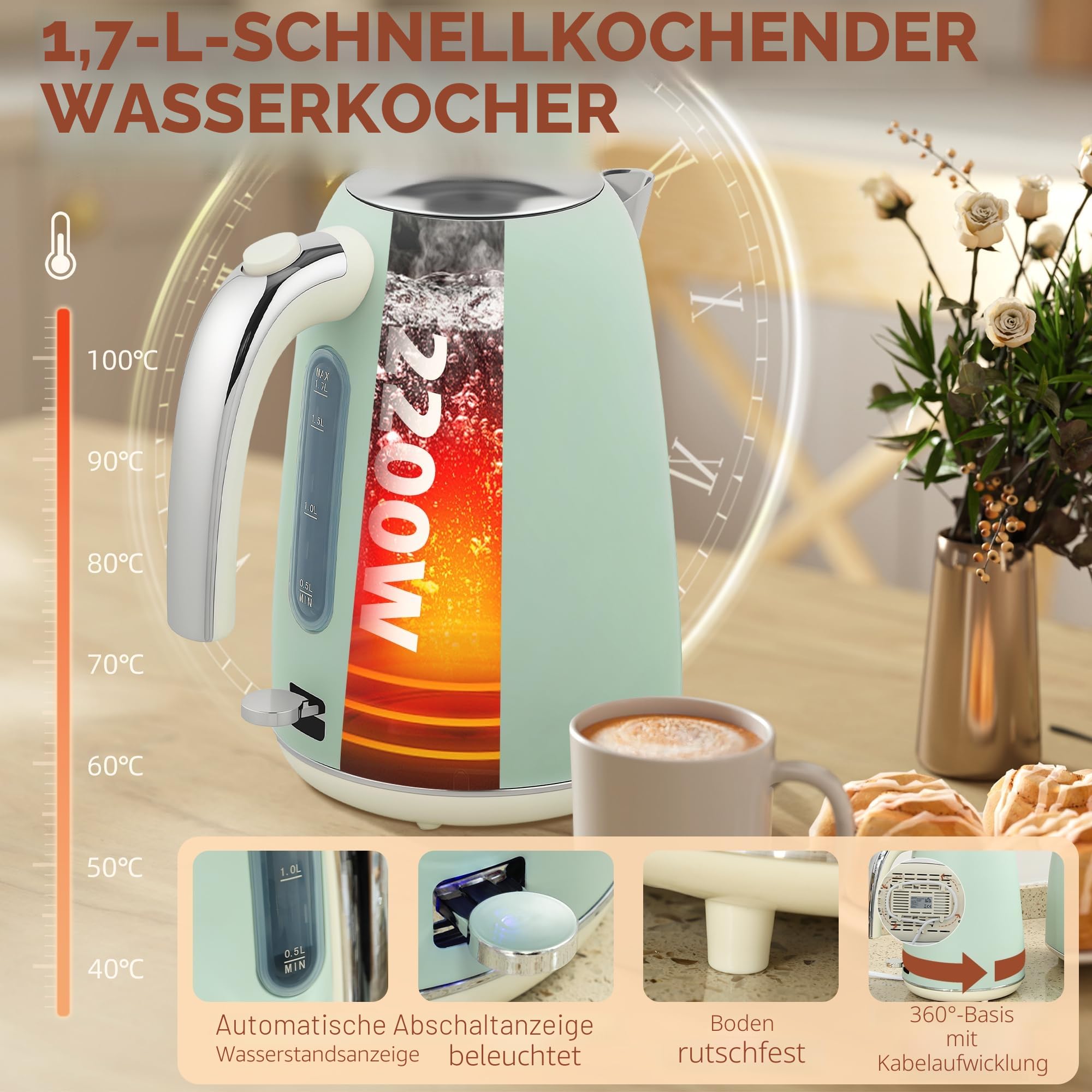 HOMCOM Edelstahl Wasserkocher und Toaster Set 2200 W 1,7 L 2-Scheiben-Toaster 7 Bräunungsstufen grün