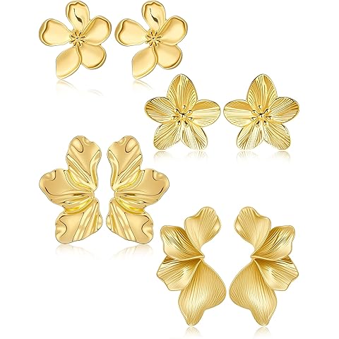 Gold Flower Statement Earrings for Women, 14K Gold Plated Large Irregular Leaf Floral, Big Chunky Dangle Earrings Set