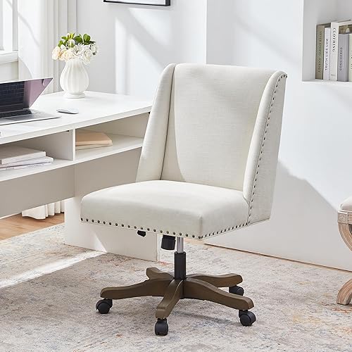 Silla de oficina tapizada sin brazos con patas de madera, moderna y ajustable con tiras cruzadas, silla de escritorio para oficina en casa, sin