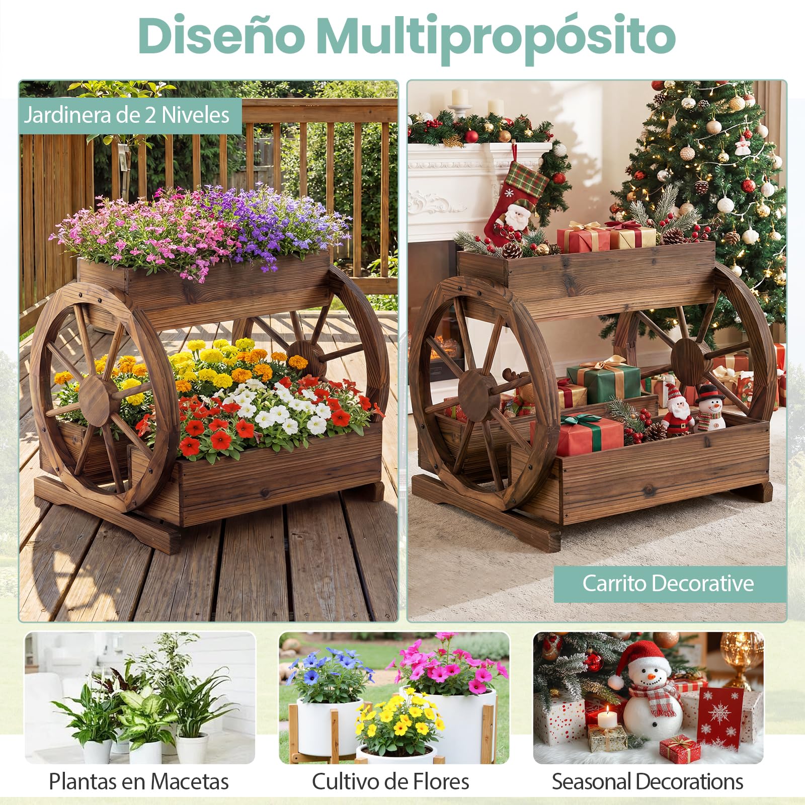 COSTWAY Cama de Jardín Elevada de 2 Niveles, Macetero de Madera Decorativo con 3 Cajas de Cultivo, Orificios de Drenaje y Ruedas, Maceta para Flores, Verduras Hierbas, Exterior e Interior