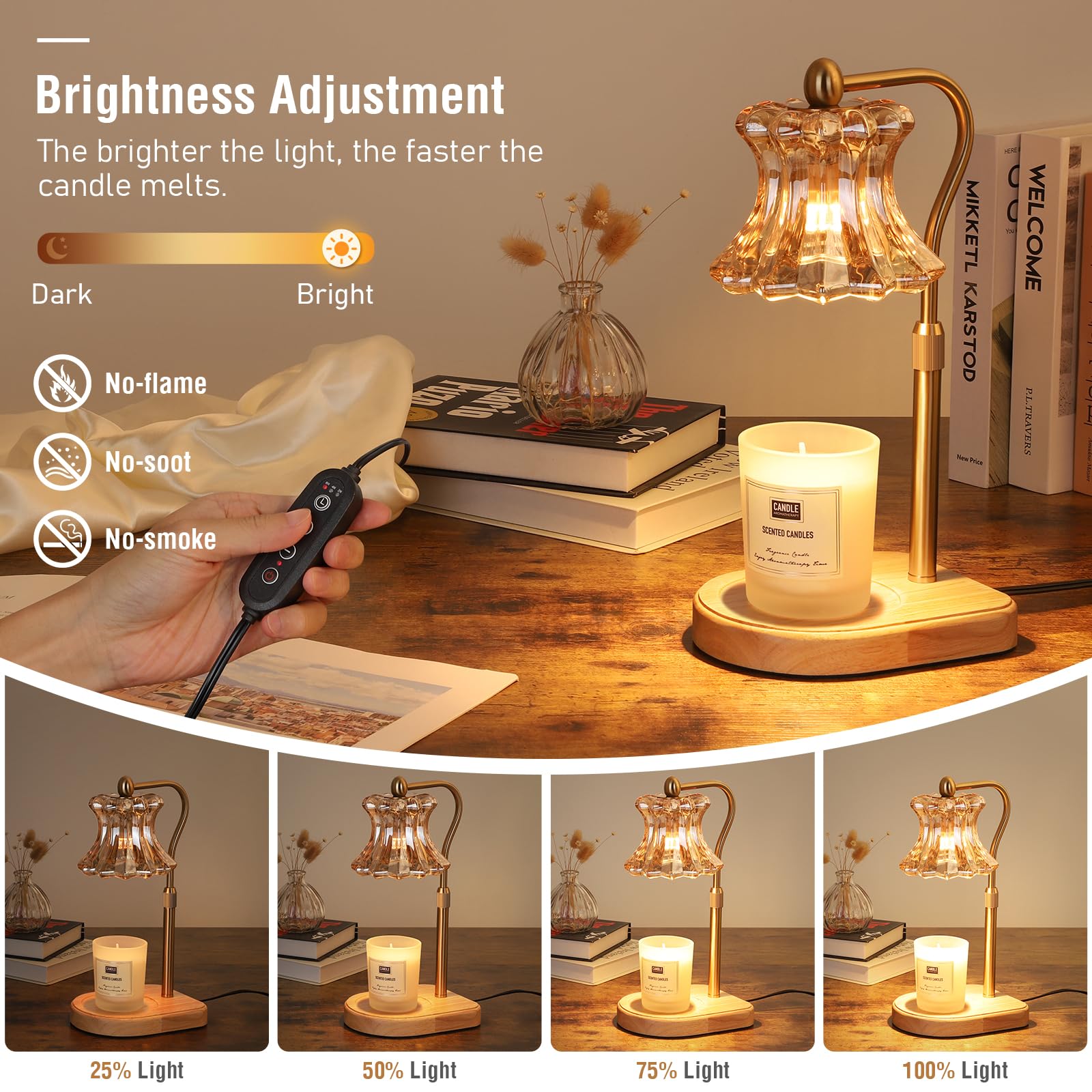 Lampada Candela, Lampada Scalda Candele with Dimmer 2/4/8H, Profumata Candle Warmer, Dimmable, Altezza Regolabile, con 2 Lampadine (Oro)