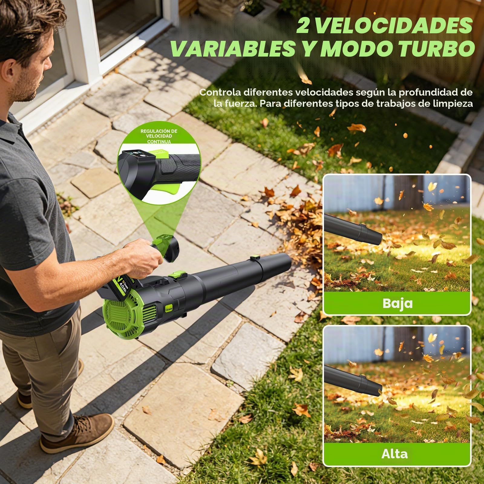 Soplador de Hojas Bateria, Gisam Leaf Blower Sin Escobillas con 2x4.0Ah Baterías, 2 Velocidades + Modo Turbo MAX 25000RPM, Volumen de Aire 750m³/h para Jardín