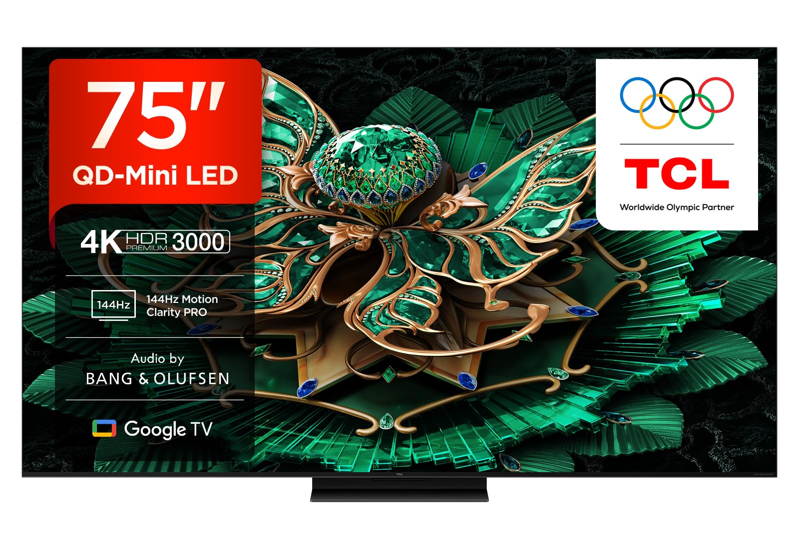 TCL 75C7K-UK 75 Inch QD-Mini LED TV, 4K HDR Premium 3000, Smart TV Powered by Google TV (Dolby Vision IQ & Atmos, CrystGlow HVA Panel, Audio by Bang & Olufsen, 144Hz Motion Clarity Pro, Game Master