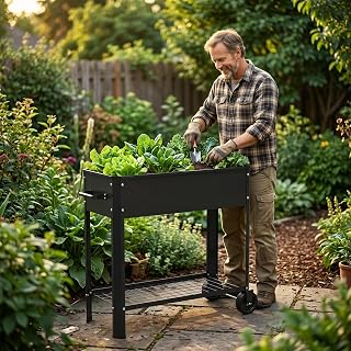 UISEBRT Mobiles Hochbeet mit Rollen und Ablage,56L Blumenbeet aus Metall,Rostfrei & Wetterfest, 80x35x80cm Erhöhtes Frühbeet Kräuterbeet für Garten Balkon Terrasse,Schwarz