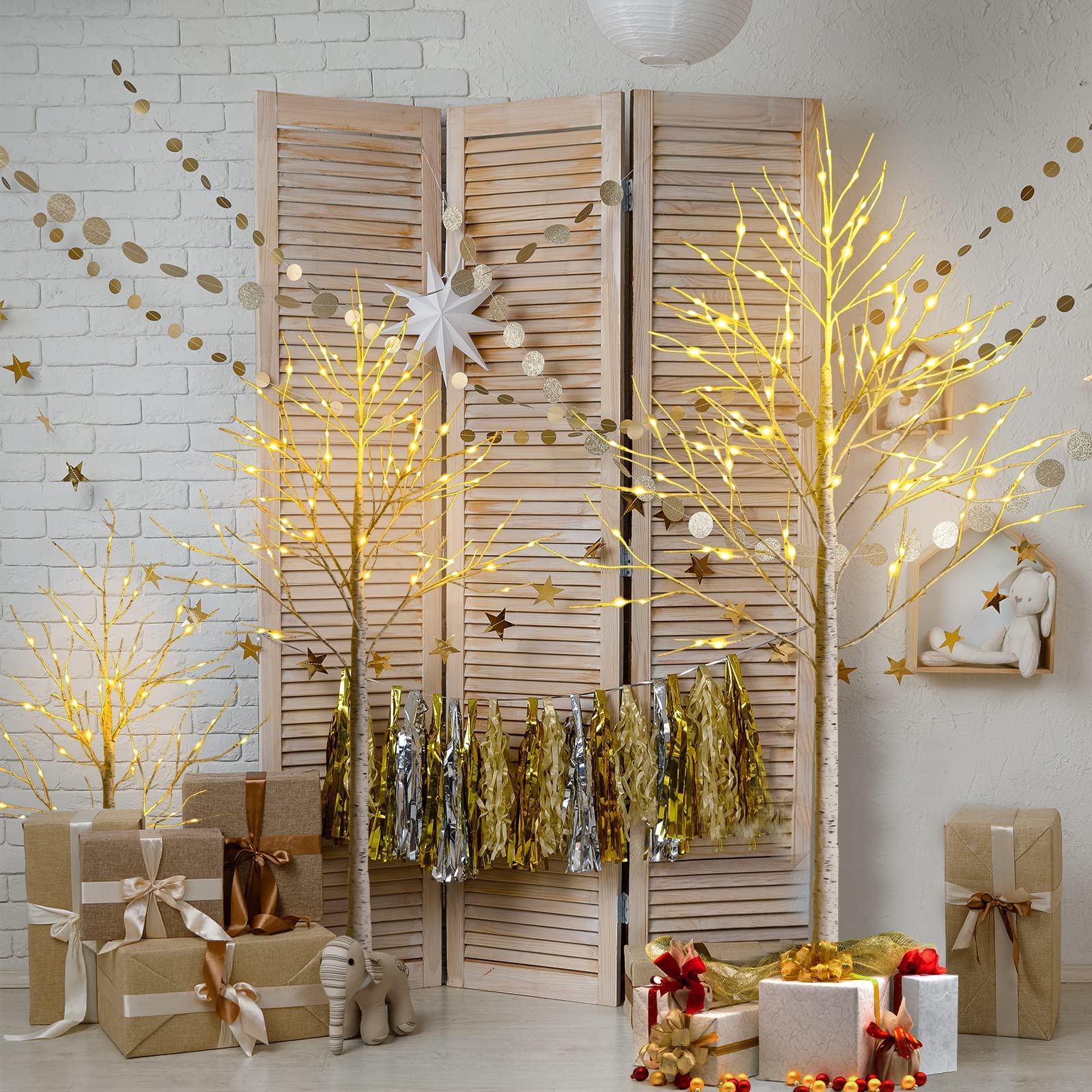 RELAX4LIFE Albero di Natale Nudo 180 cm con LED, Albero Realistico Con Rami Nudi senza Foglie in PVC, 96 Luci LED Bianco Caldo, Tronco Intero con Base di Radici per Feste, Bianco (180 cm)