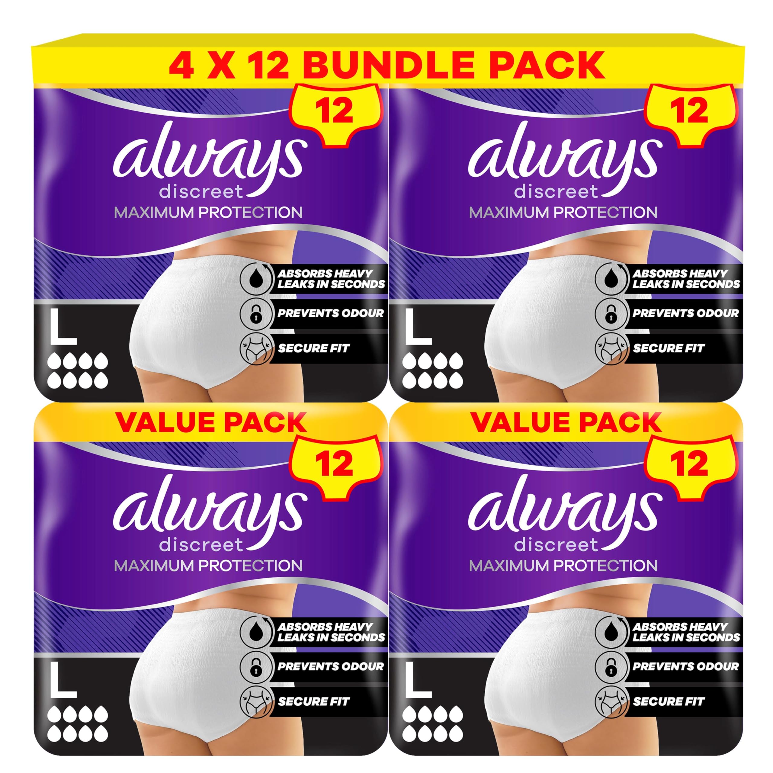Always Discreet Incontinence Pant Maximum Protection 8 Drops, Size L, 4x12 Counts, with Odour Neutralising Technology