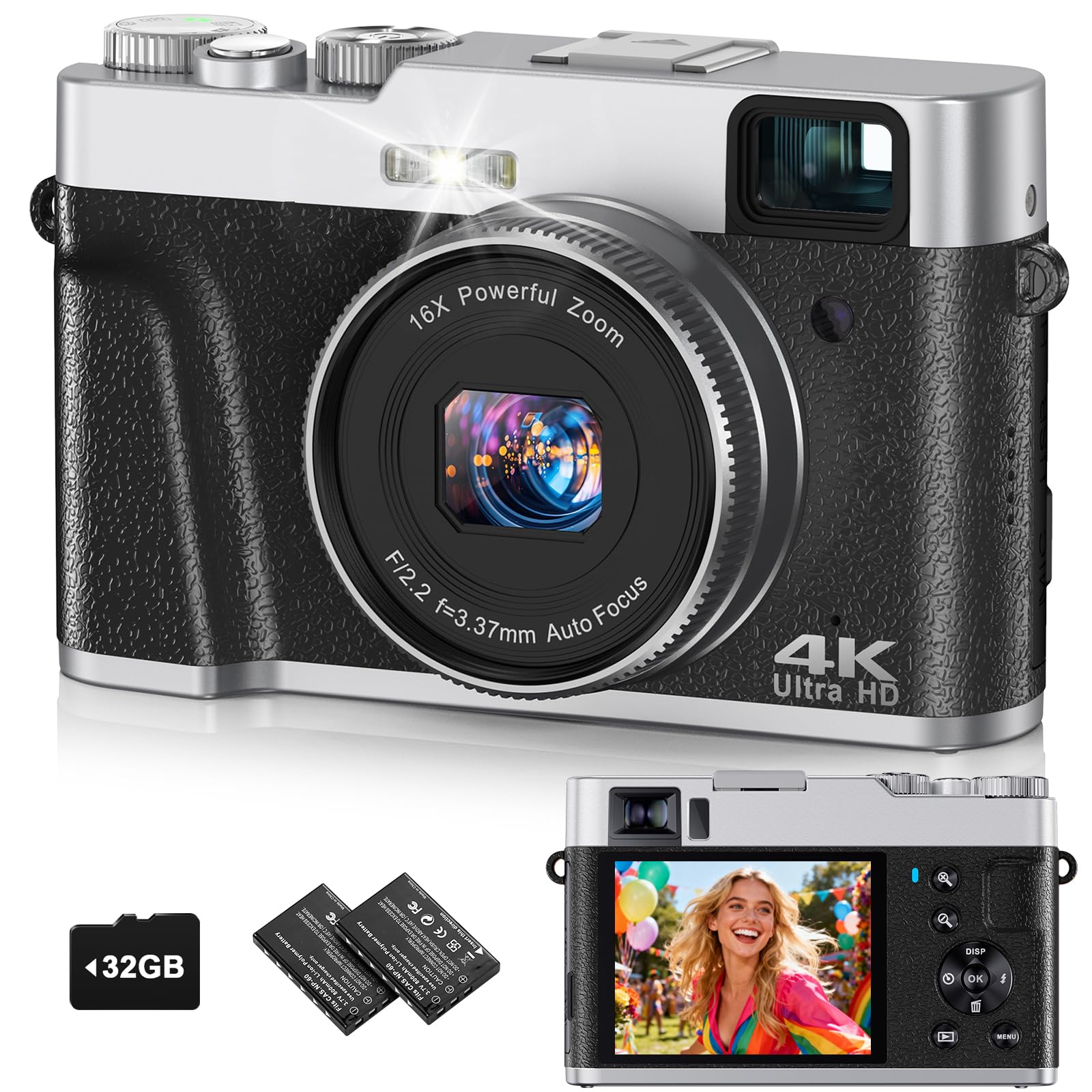 4K Digital Camera for Photography, 48MP Autofocus Vlogging Cameras with 16X Digital Zoom, 2.8" LCD Point and Shoot Camera for YouTube, Anti-Shake Compact Cameras with 32GB Micro SD Card &amp; 2 Batteries