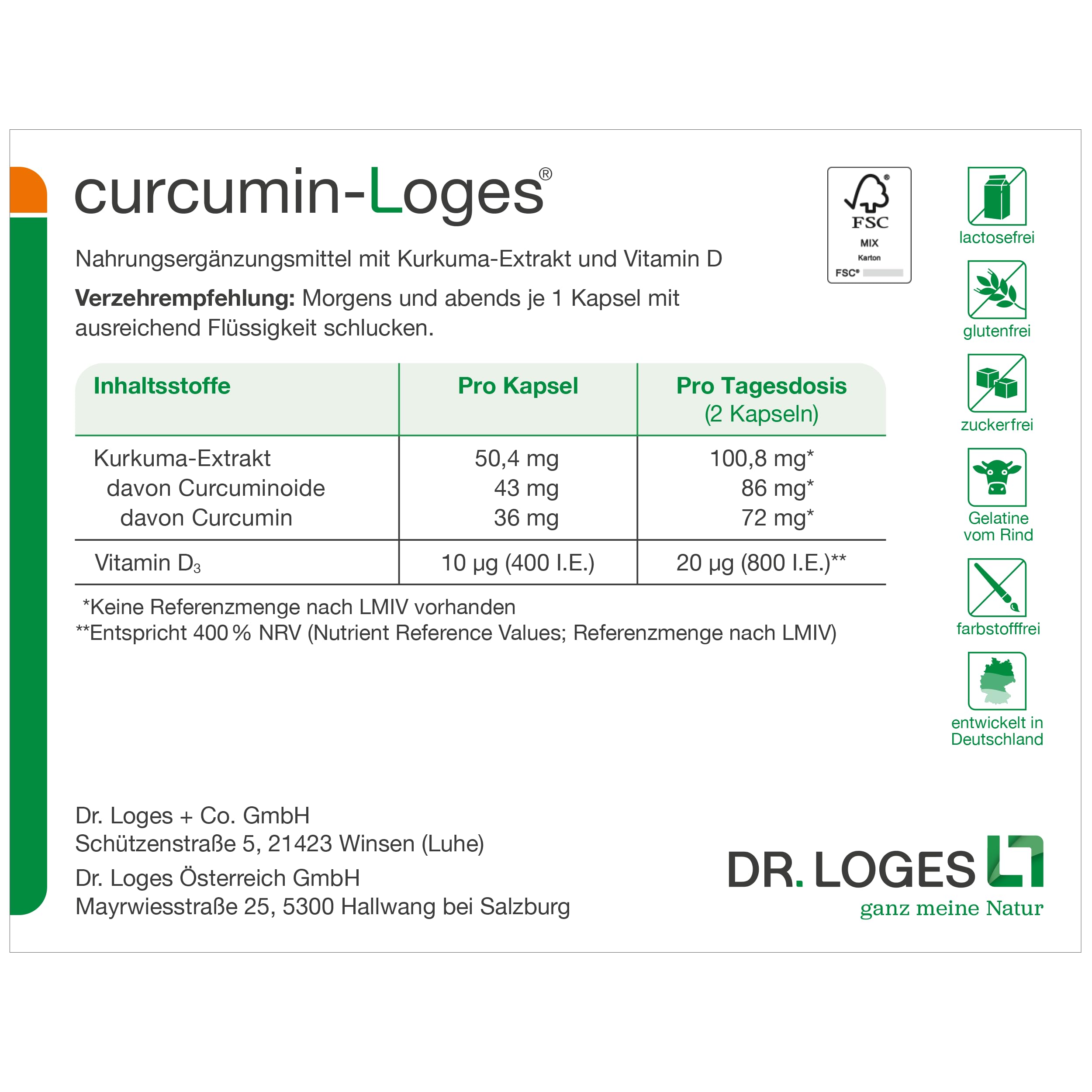 curcumin-Loges® - 120 Kapseln - Nahrungsergänzungsmittel mit hoch bioverfügbarem Curcumin und Vitamin D