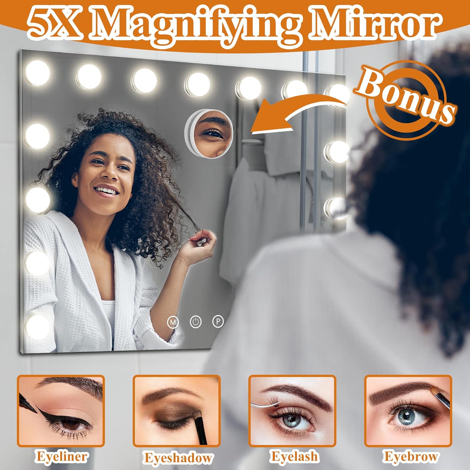 NeuType Vanity Mirror with Lights, Makeup Mirror with Lights, Light Up Mirror with 15 Dimmable Lights for Makeup Desk, 5X Magnification, 3 Colors Modes, Tabletop or Wall-Mounted, Charing Port