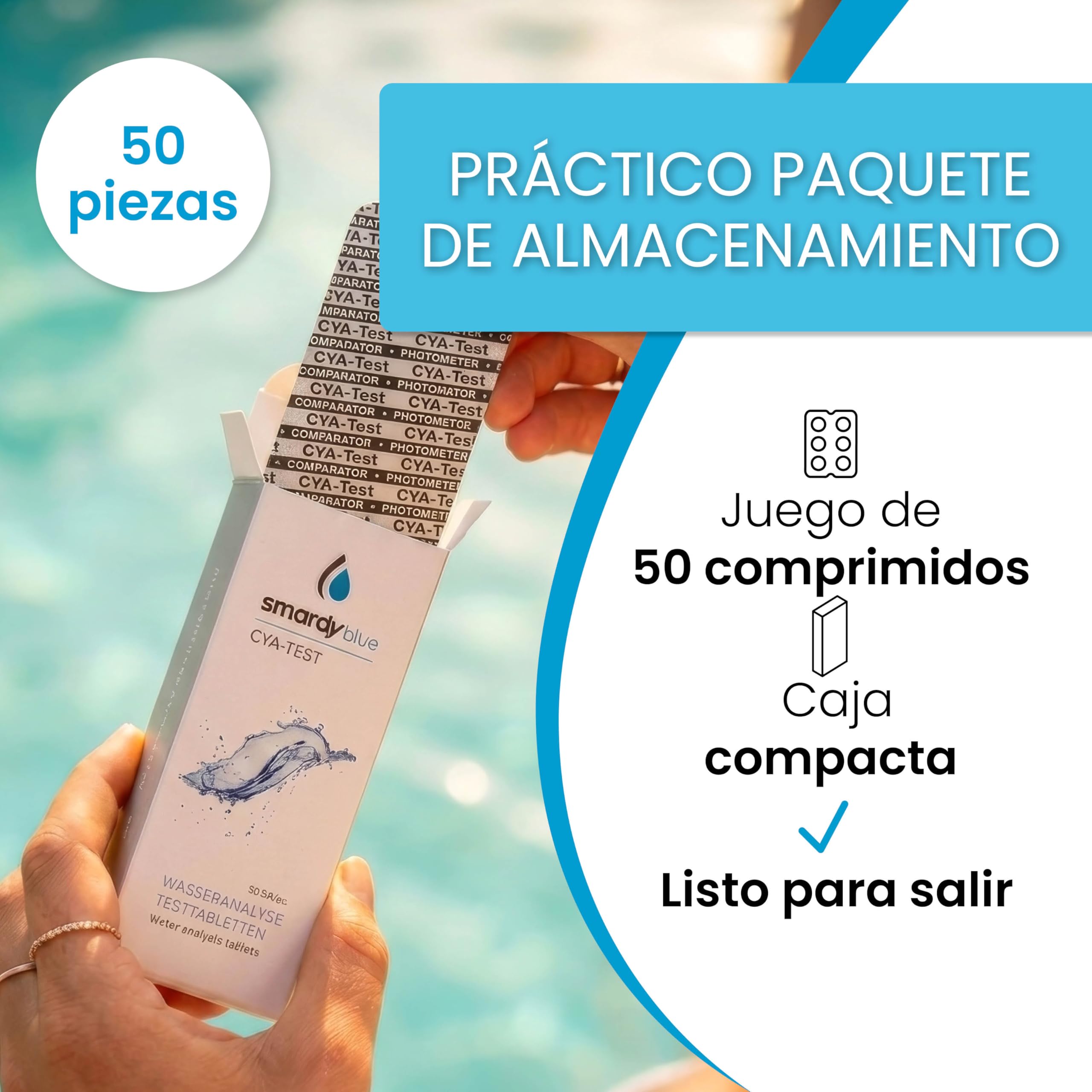 smardy 50 tabletas fotómetro CyA – mide el ácido cianúrico/estabilizador en piscina, spa, jacuzzi y acuario – compatible con PoolLab, SCUBA II, BAYROL y otros medidores electrónicos – Made in Germany