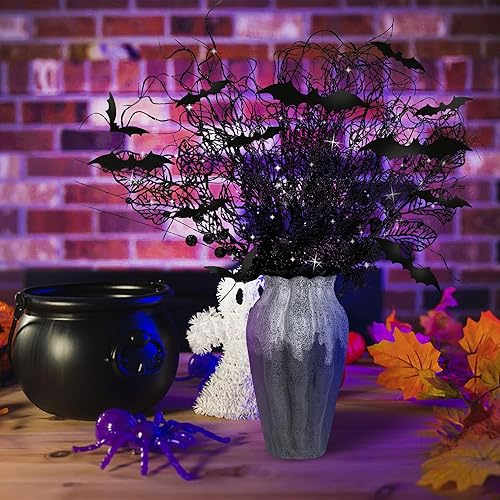 Vista 31 de Watayo 12 Pcs Halloween Artificial Curly Willow Branches, Fake Black Silver Glitter Curly Twig Stems Ornaments, Faux Halloween Glitter Sticks