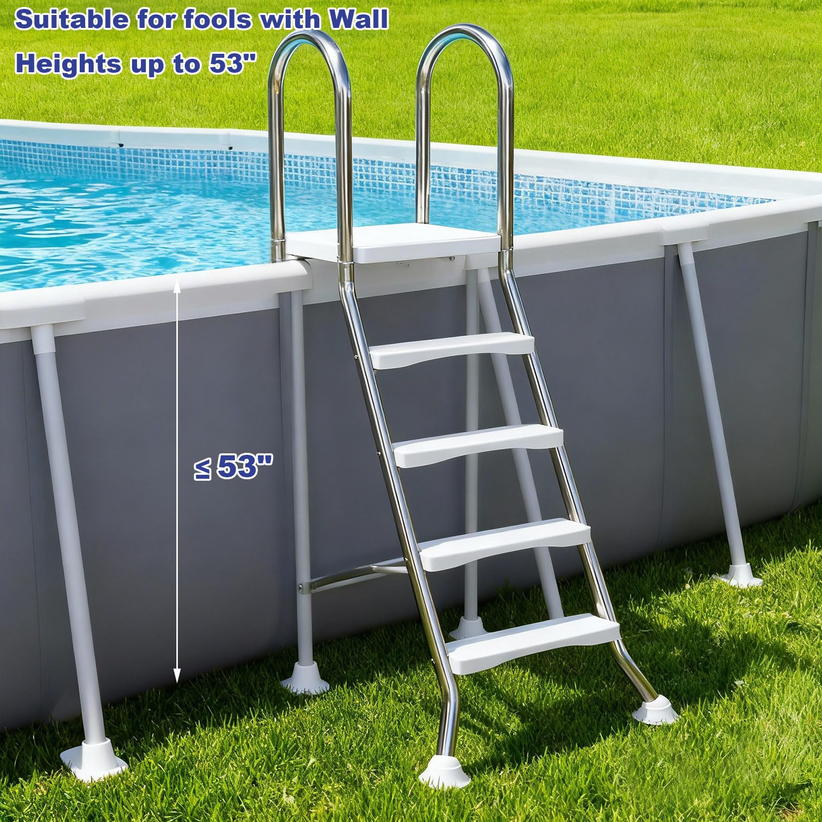 Escalera de piscina sobre el suelo, escalera de seguridad de acero inoxidable 304, escalones antideslizantes, carga máxima de 500 libras