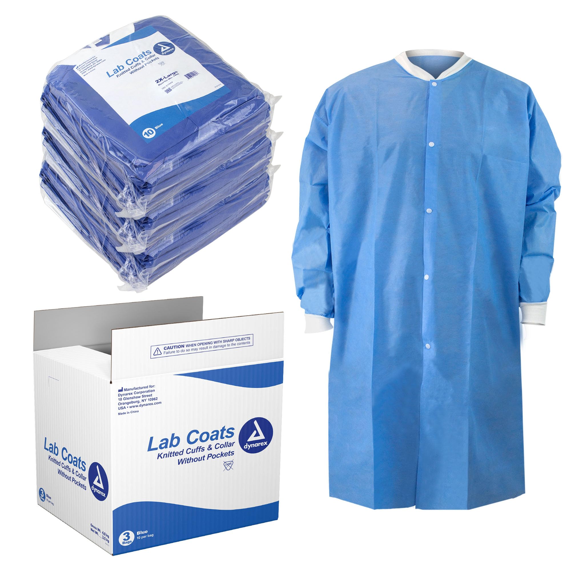 Dynarex Disposable Lab Coats - Breathable Triple-Layered Non-Woven Polymer Fabric - Knee Length, Elastic Cuffs - Blue, 2X-Large, Case of 30 Lab Coats