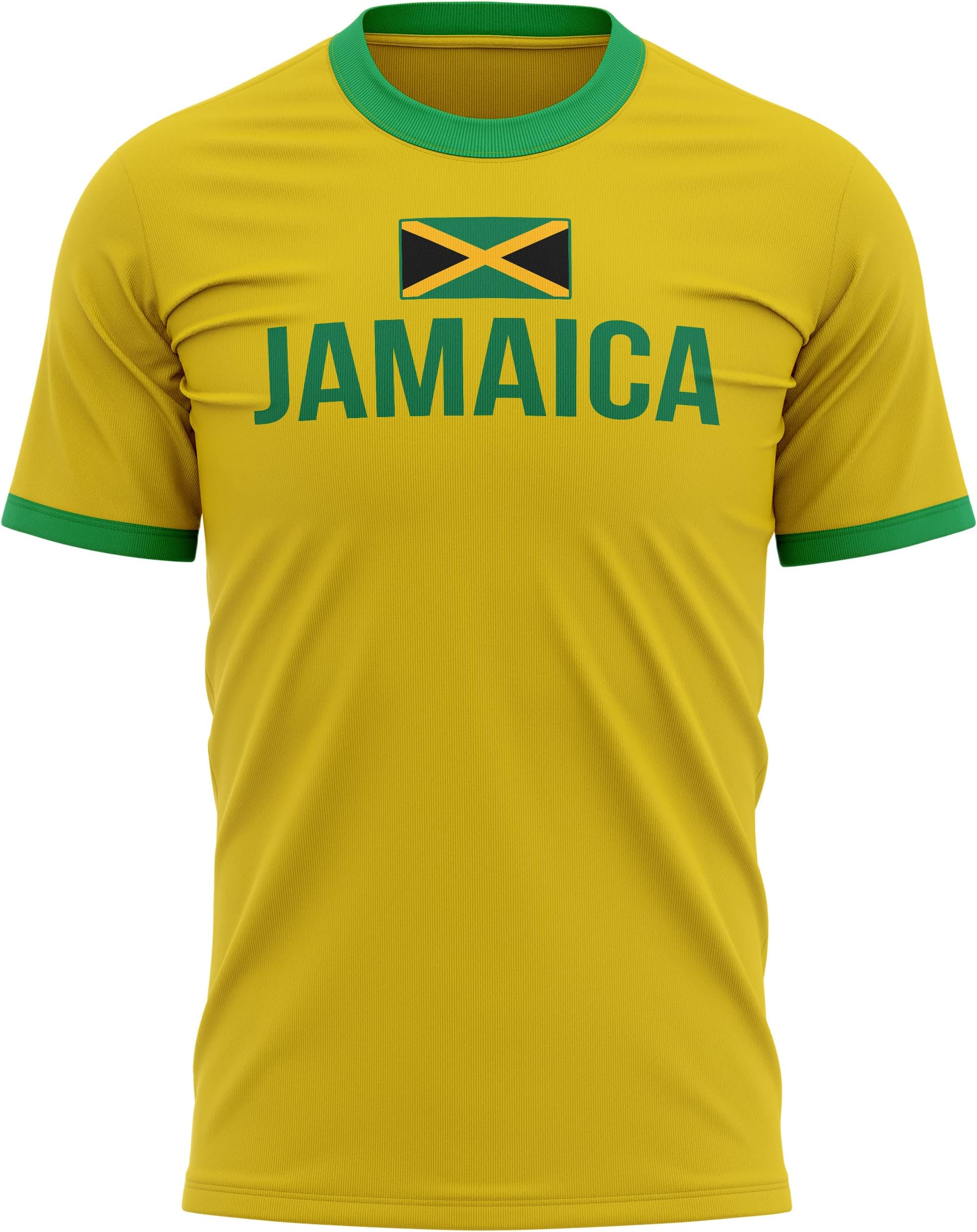 Jamaica Country Flag T Shirt, Jamaican Flag Print Design Tee, Footballer Supporters Gifts for Him, Yellow and Green Ringer for Men