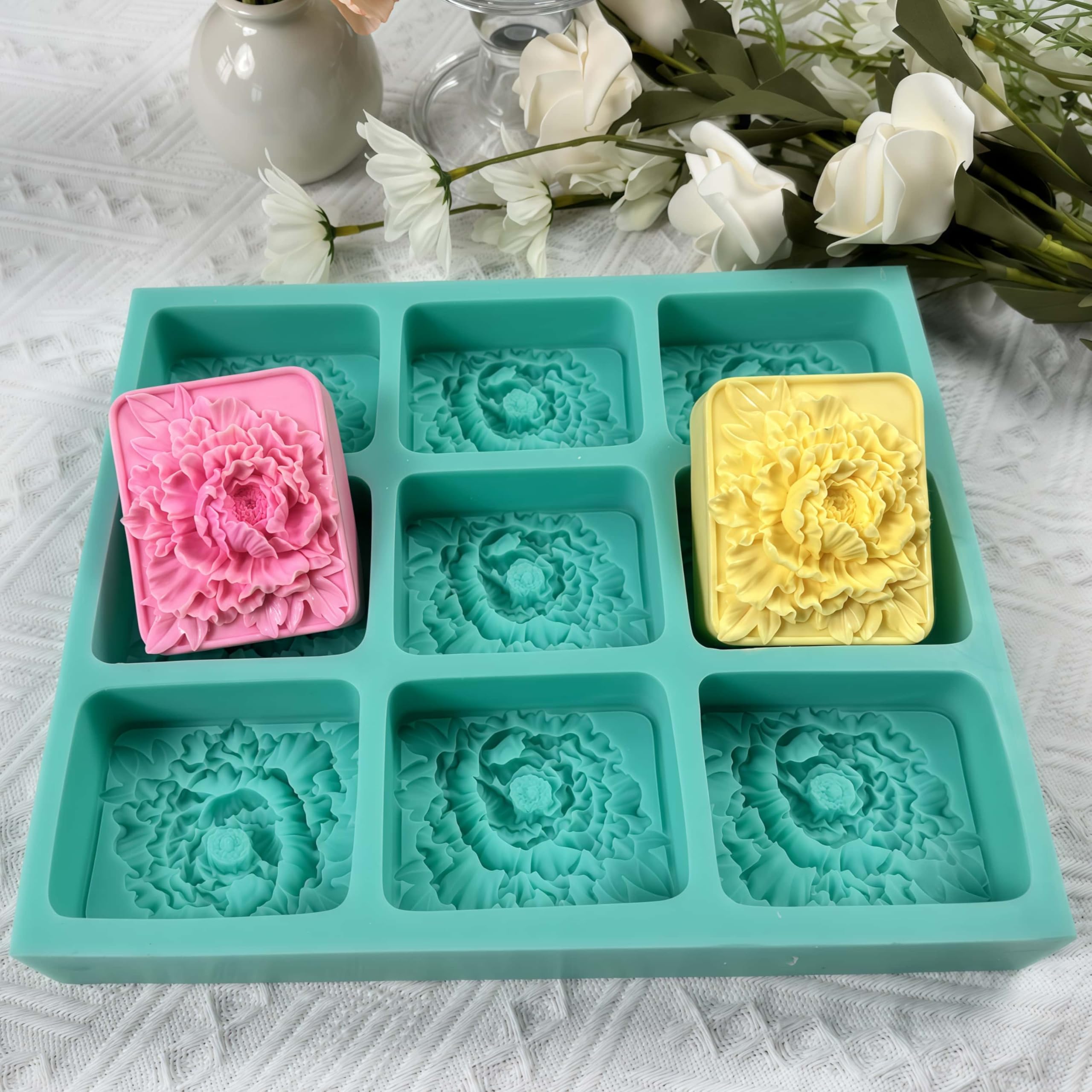 Bandeja de silicona con 9 cavidades para hacer jabón natural, moldes de jabón de flores, moldes de cera de velas, molde de jabón de silicona hecho a mano, herramientas para hornear pasteles de
