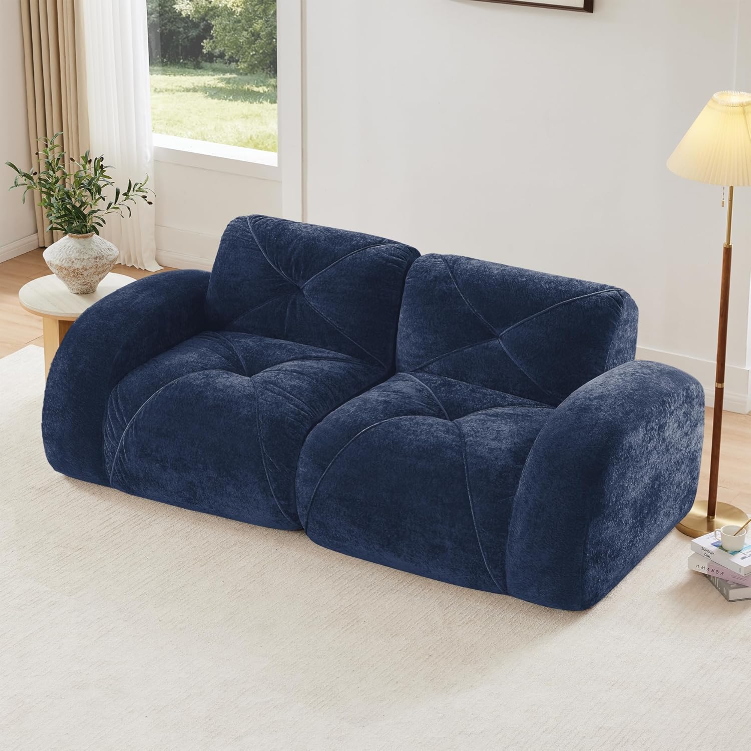 80.3'' Boneless Couch, Upholstered Velvet Loveseat, Plush Comfy Cloud Couch, Modular Sectional Couches, 32D High Density Sponge, for Living Room, Small Spaces, No Assembly Required, Blue