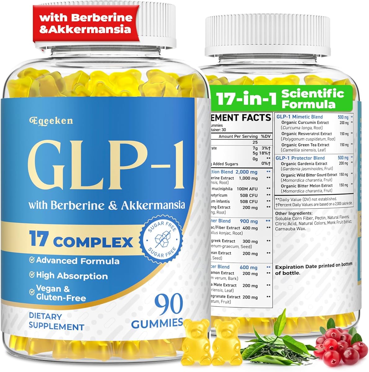 GLP-1, GLP-1 Supplement for Women & Men | 17-in-1 Scientific Formula GLP1 Gummies with Berberine, Akkermansia for Nutrient Absorption, Metabolism Digestion & Gut, No Stomach Discomfort, 90 Gummies