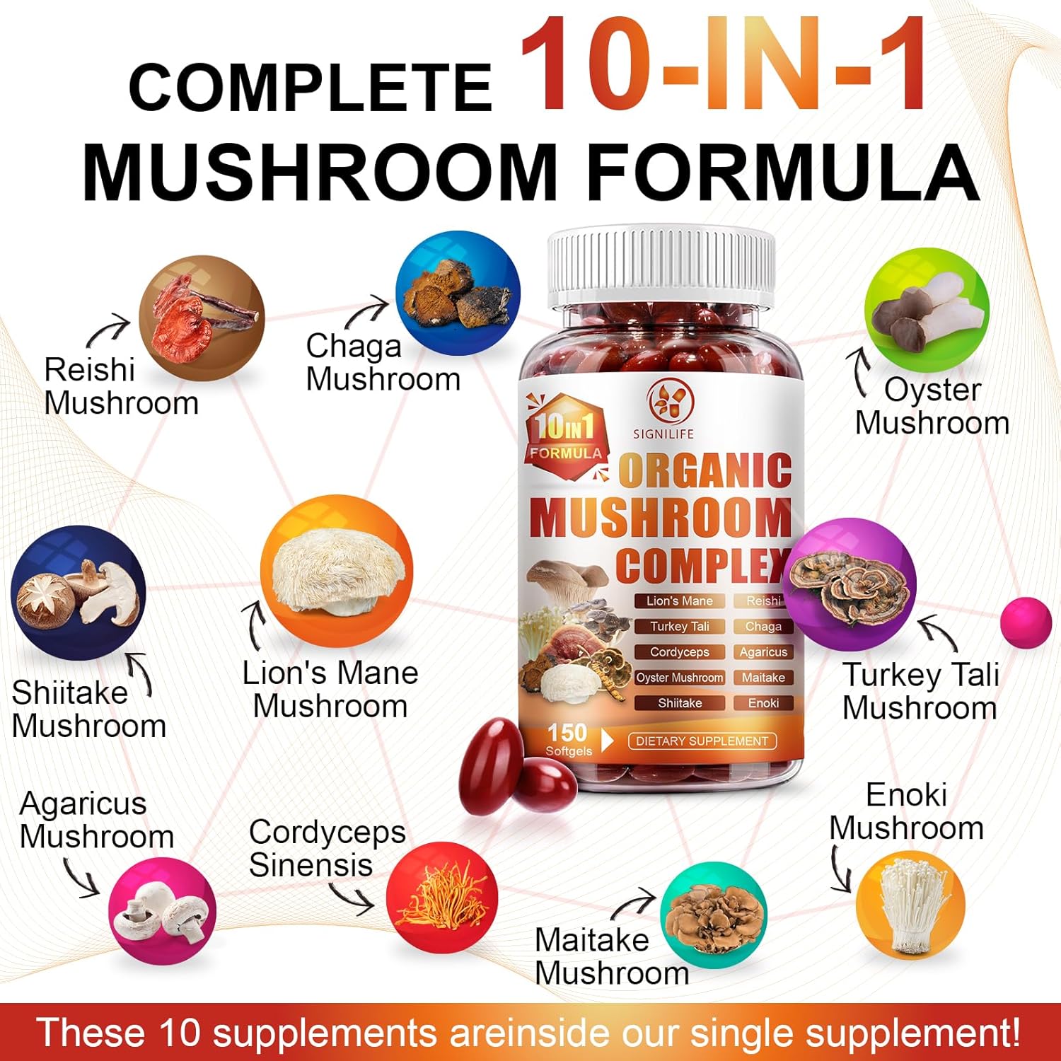 10 in 1 Lions Mane Mushroom Supplement with Turkey Tail, Reishi,Cordyceps, Chaga & More - Brain Supplements for Memory and Focus-300 Softgels - Image 3