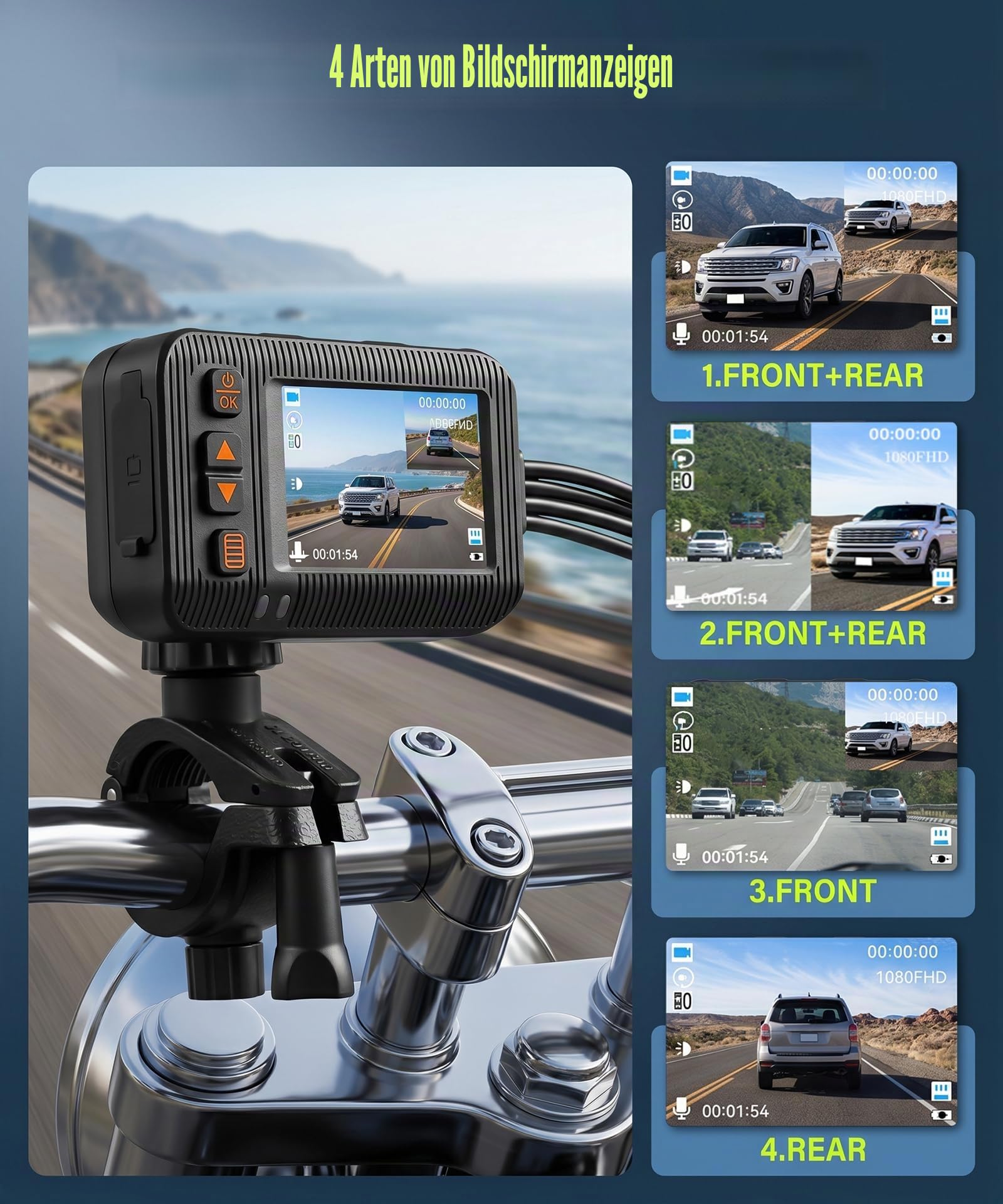 Rimoody 1080P Motorrad Dashcam mit Dual Kameras, 2" Bildschirm, Kamera Doppellinse Vordere und Hintere, Motorradkamera mit IP67 Wasserdicht, Nachtsicht, G-Sensor, Loop-Aufzeichnung, Parküberwachung