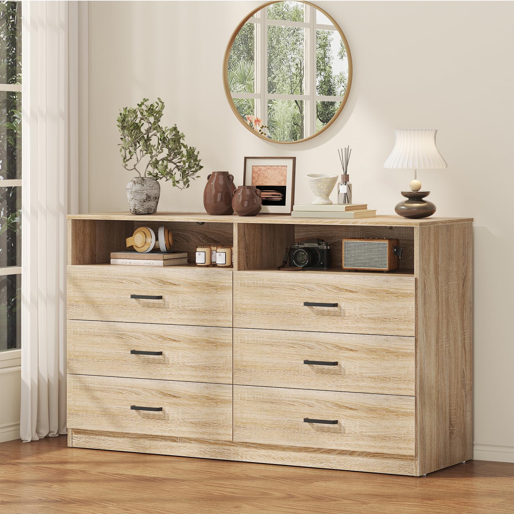 Bigbiglife 6 Drawers Dresser for Bedroom Wooden Drawer with Open Storage Cubby, Double Wide Dresser Organizer for Bedroom, Living Room, Entryway, Hallway (Light Oak)