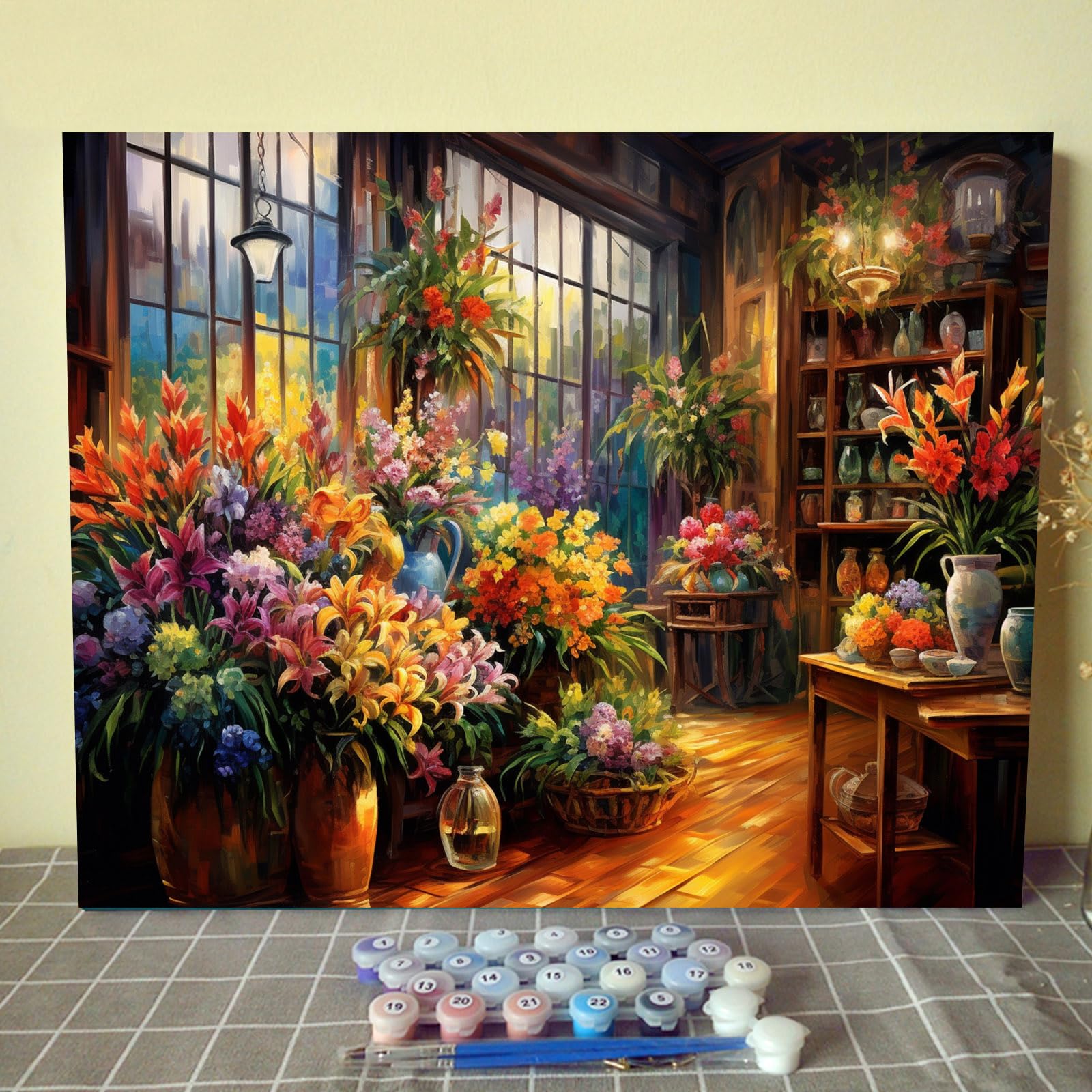 Tucocoo Flower Shop Paint by Number for Adults Beginner, DIY Oil Painting Kits on Canvas with Brushes and Acrylic Pigment, Colorful Floral Retro Style Pictures for Home Decor 16x20 inch (Frameless)