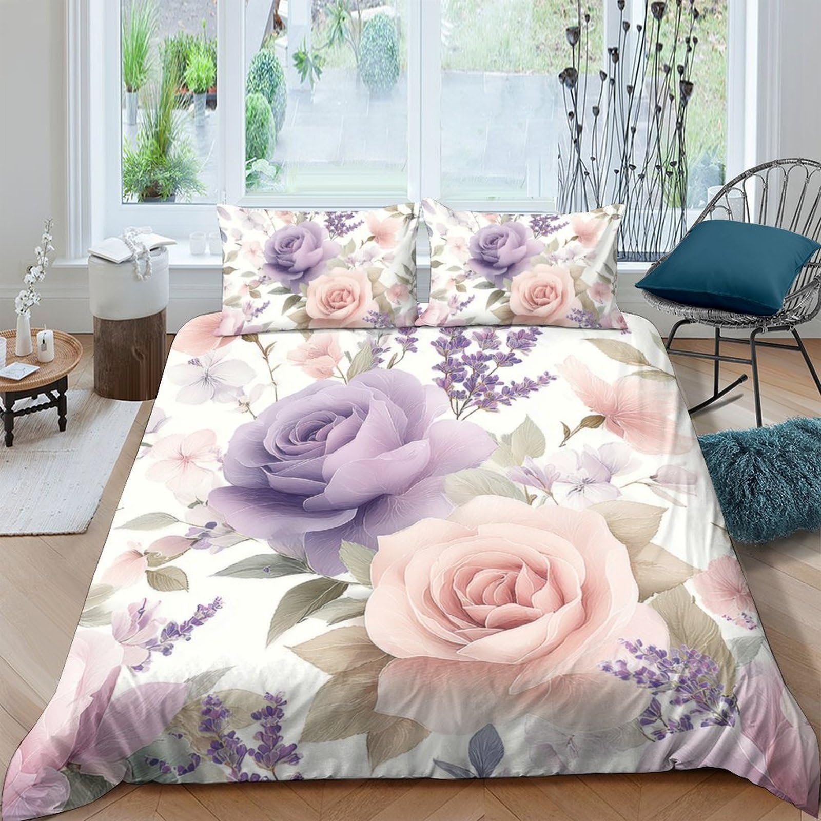 Ctjqhvkz Style-1 3D Printed Pastel Floral Rose Fitted Sheet Microfiber Soft Breathable Lavender Blossom Bed Cover For Bedroom Decor Mattress Protection Single（135X200cm）