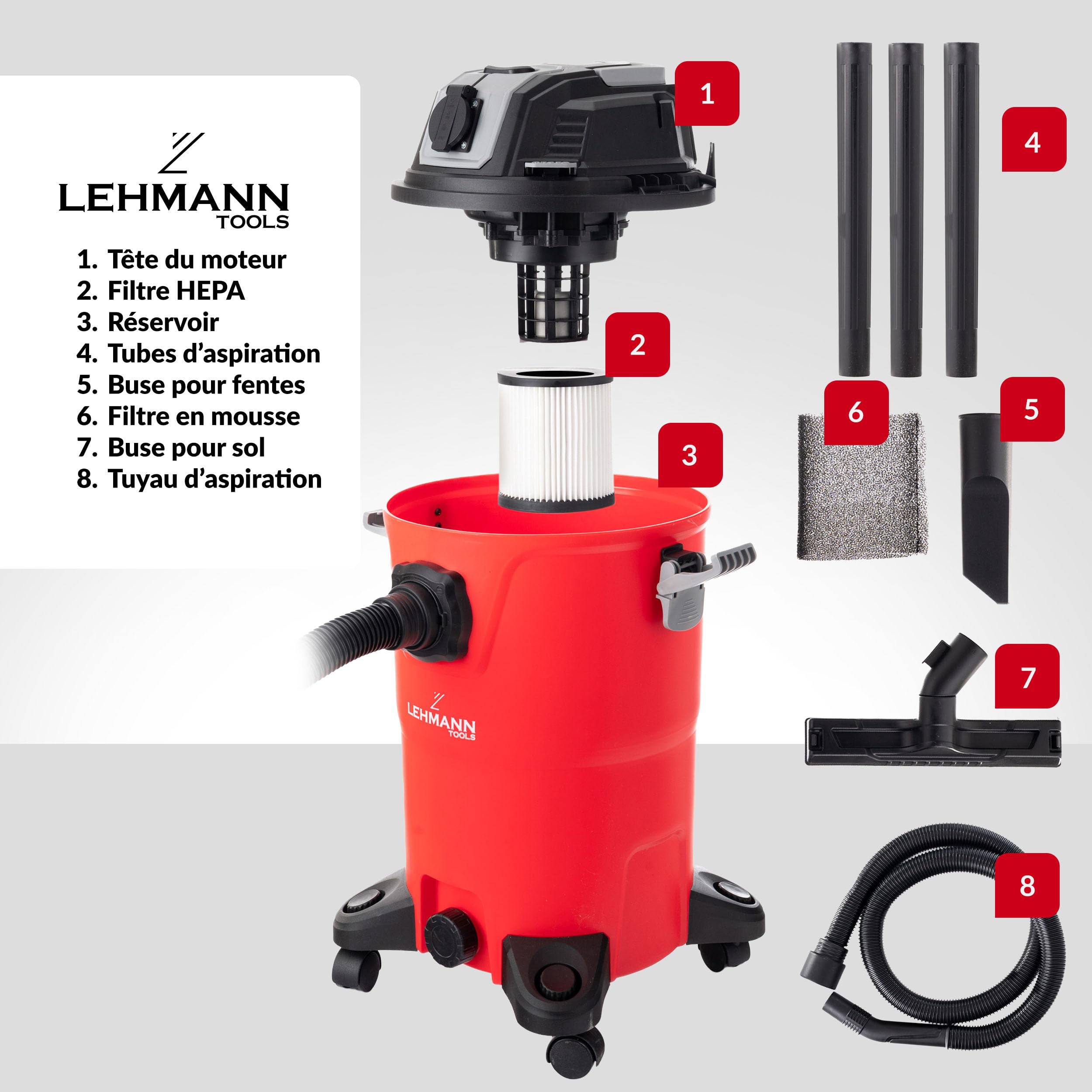 LEHMANN Aspirateur Industriel sans Sac 30L 2000W HEPA Eau et Poussière avec Prise Soufflage Secoueur de Filtre