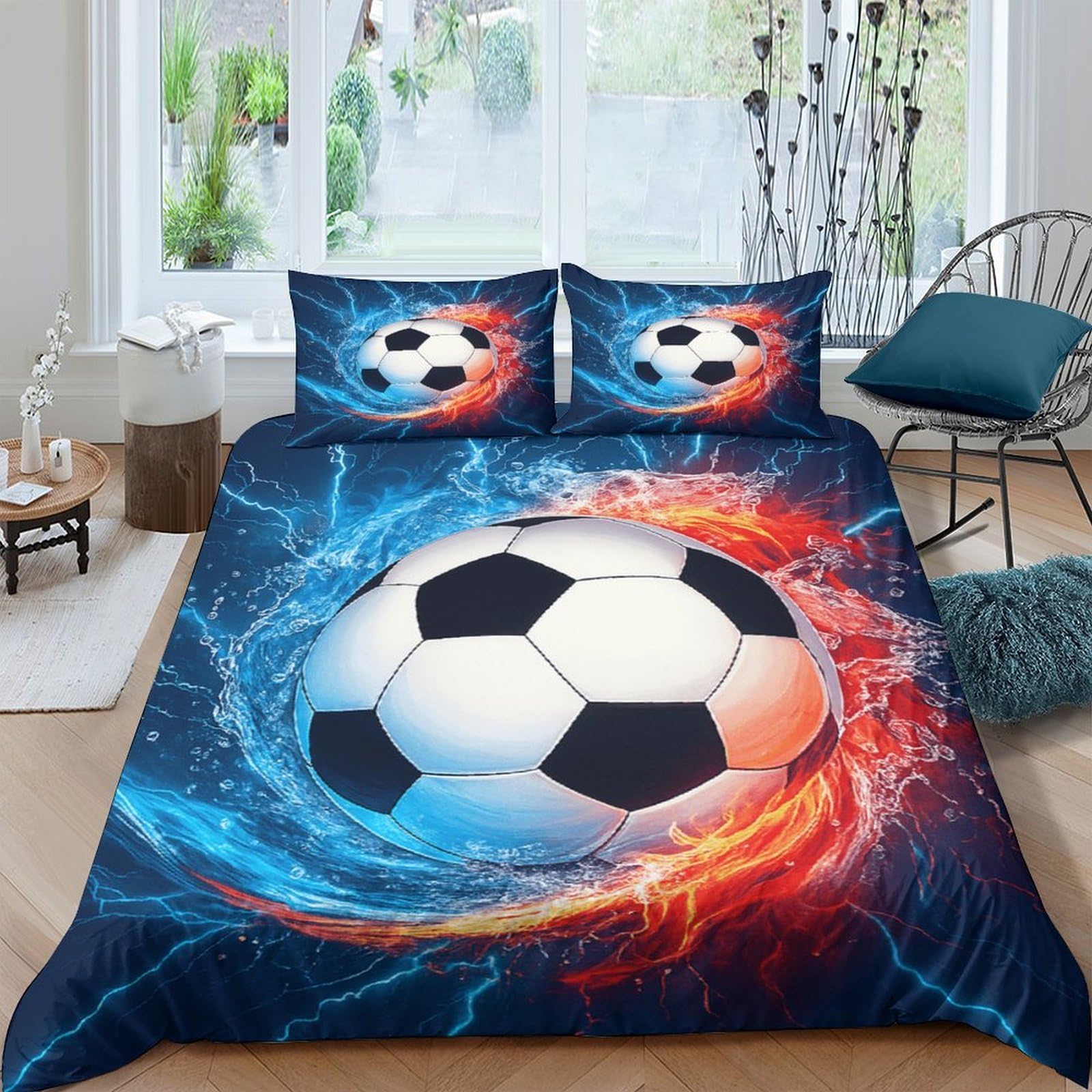 Ctjqhvkz Style-2 3D Printed Fire Soccer Fitted Sheet Microfiber Soft Breathable Blue Flame Bed Cover For Bedroom Dorm Mattress Protection Decor Single（135X200cm）